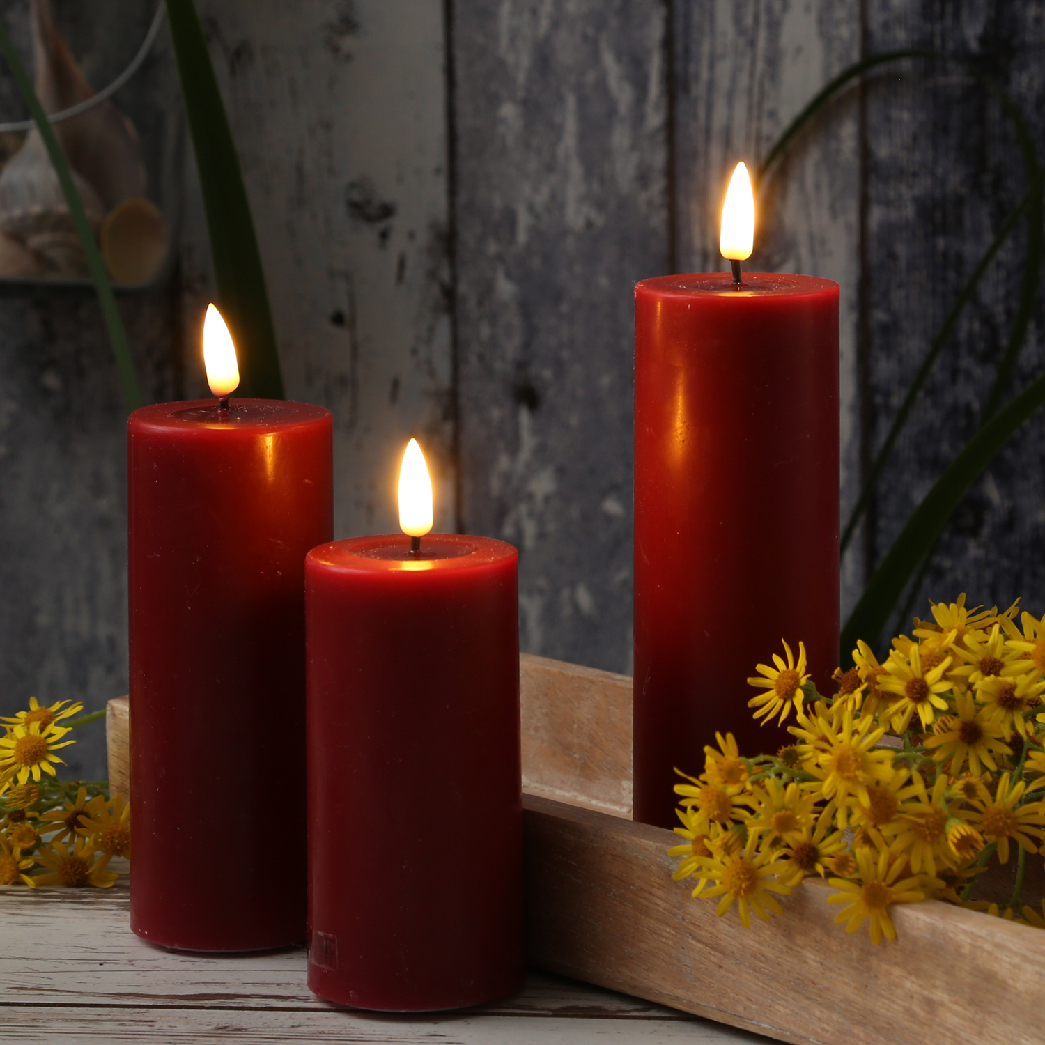 LED Stumpenkerze MIA - Echtwachs - realistische 3D Flamme - H: 10cm - D: 5cm - bordeauxrot LED Stumpenkerze MIA - Echtwachs - realistische 3D Flamme - H: 10cm - D: 5cm - bordeauxrot