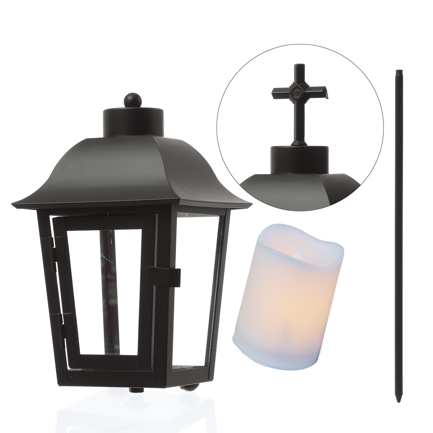 Grablaterne mit Mini LED Kerze - Grablampe mit 2 wechselbaren Spitzen/Erdspieß - H: 51cm - schwarz
