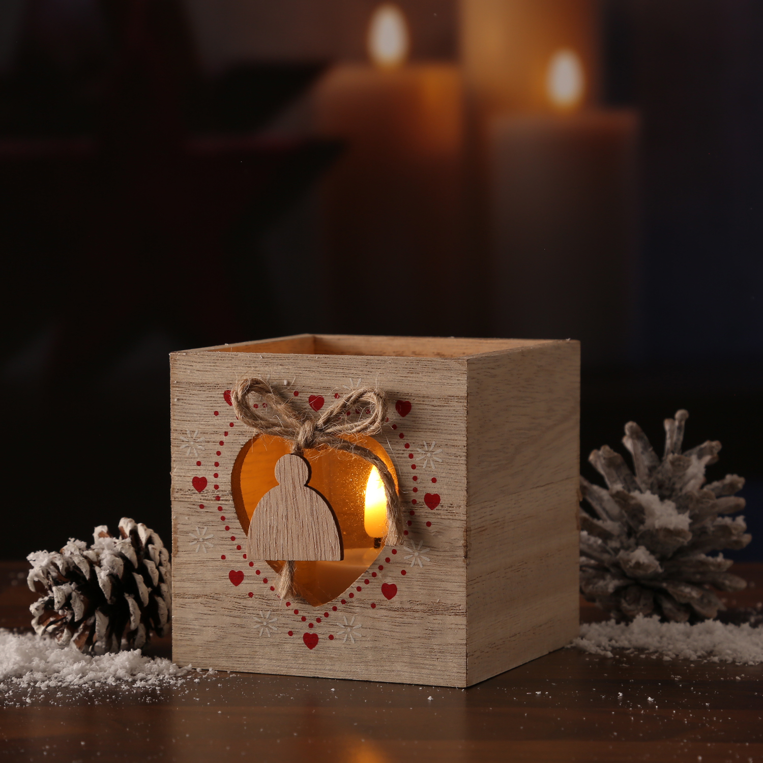 Teelichthalter MÜTZE IM HERZ - Windlicht - Holz - mit Glaseinsatz - H: 9cm - natur, rot Teelichthalter MÜTZE IM HERZ - Windlicht - Holz - mit Glaseinsatz - H: 9cm - natur, rot
