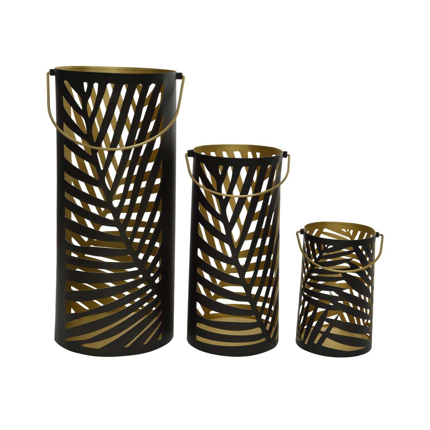 Windlicht mit Blattmotiv - mit Henkel - Metall - 3 verschiedene Größen - schwarz/gold - 3er Set Windlicht mit Blattmotiv - mit Henkel - Metall - 3 verschiedene Größen - schwarz/gold - 3er Set
