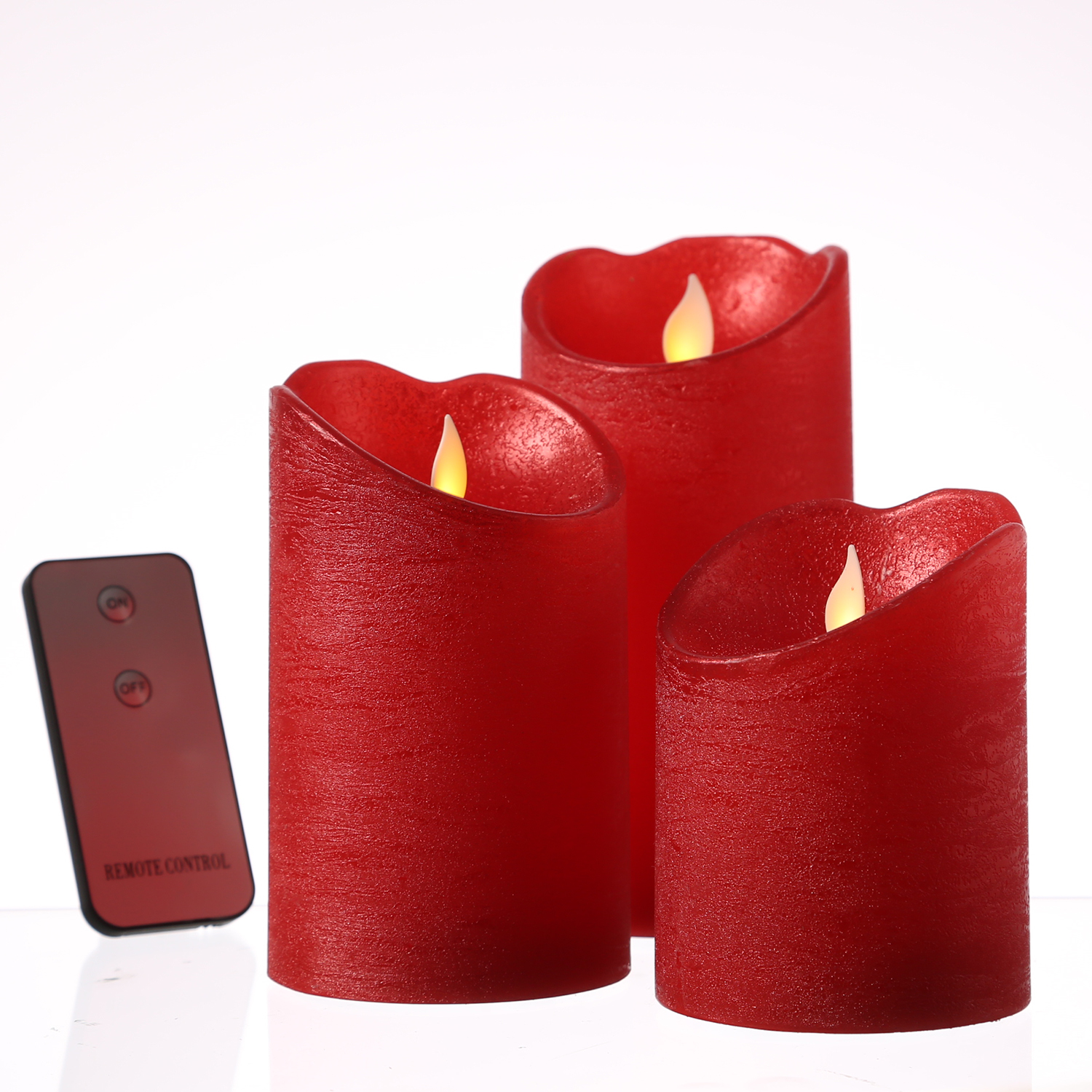 LED Kerzenset M-TWINKLE - Echtwachs - mechanisch bewegte Flamme - Fernbedienung - rot - 3er Set