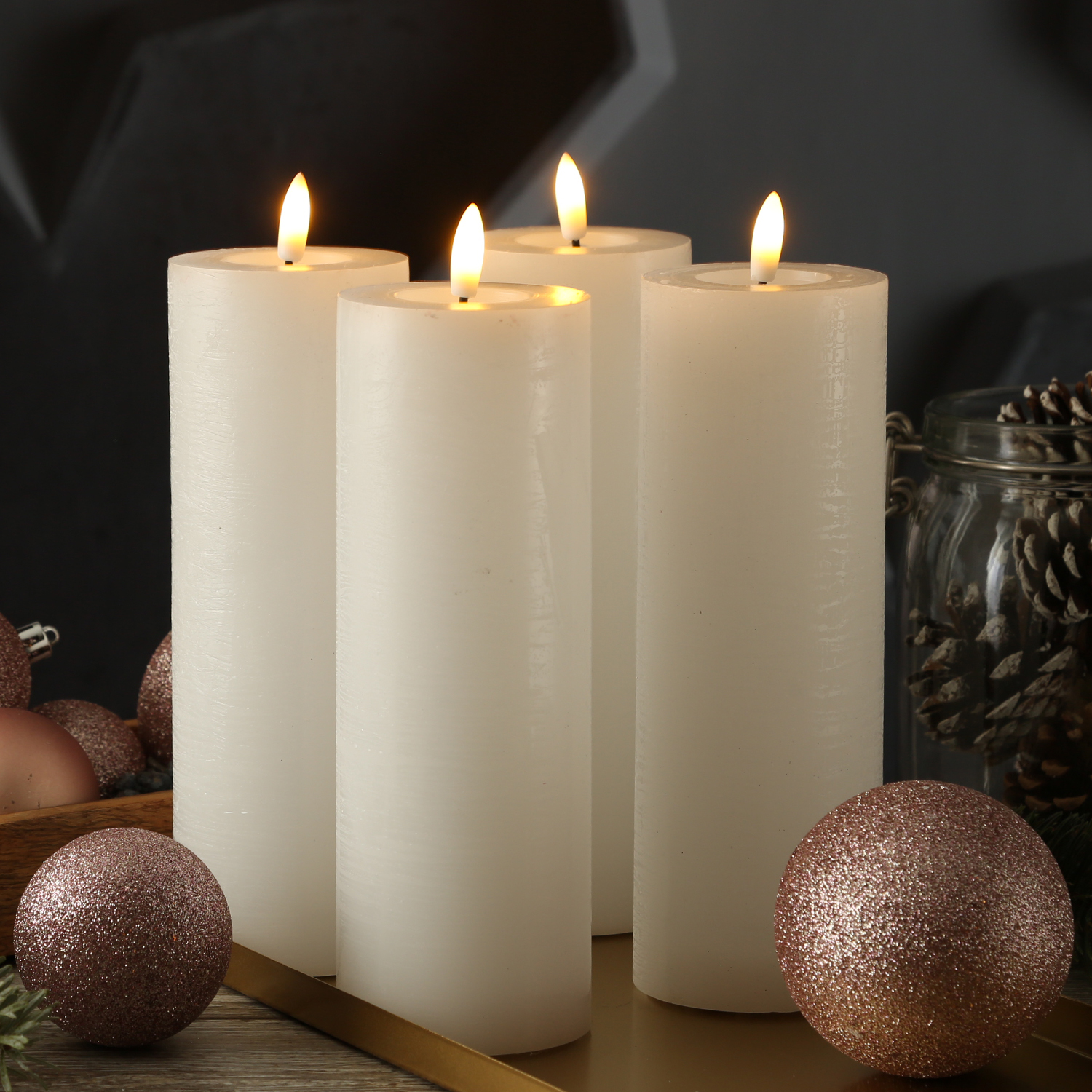 LED Kerzenset LINA - Rustik-Optik - Echtwachs - H: 20cm - D: 7cm - Timer - weiß - 4er Set