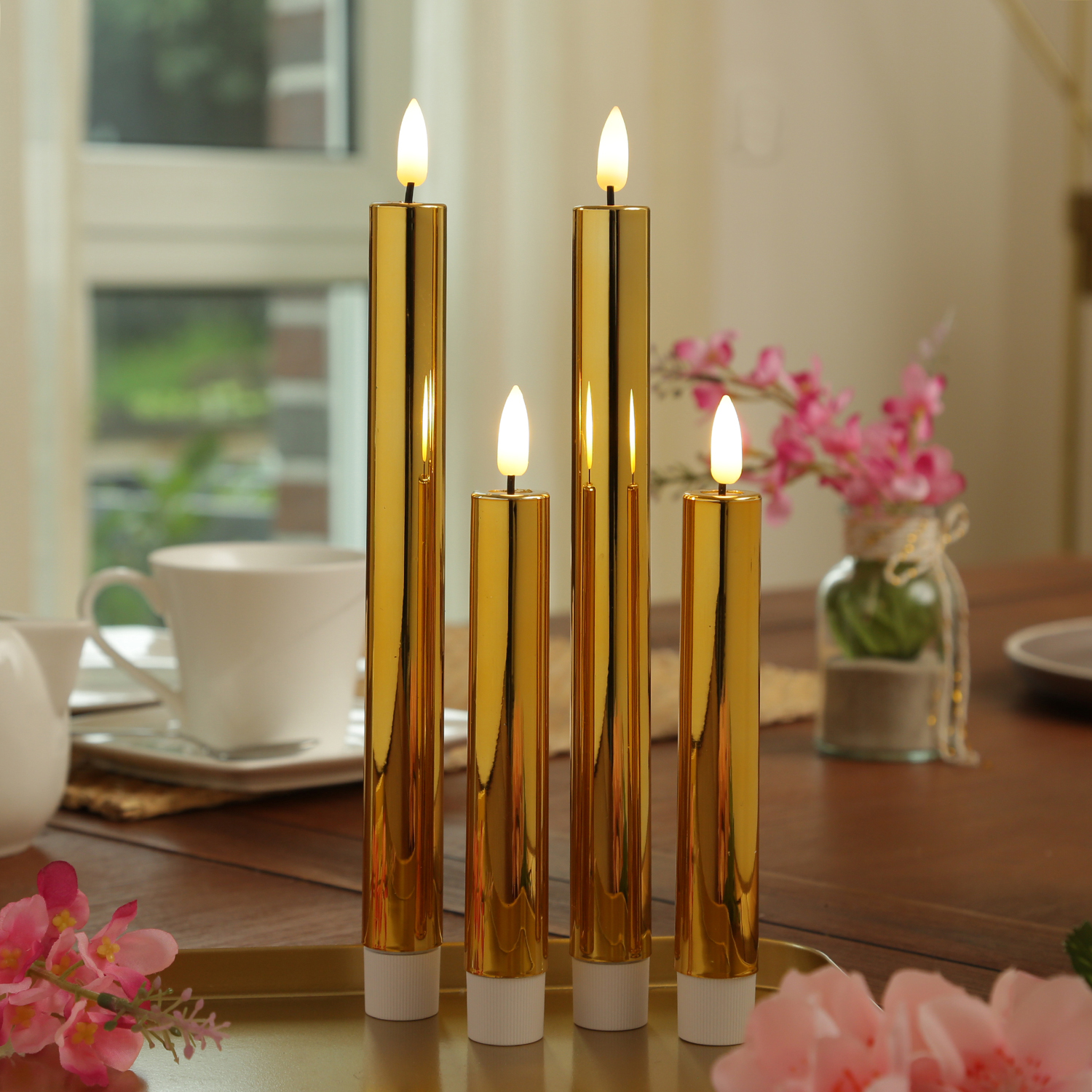 LED Stabkerzen - mit Lack - flackernd - H: 25cm - Timer - gold glänzend - 2er Set