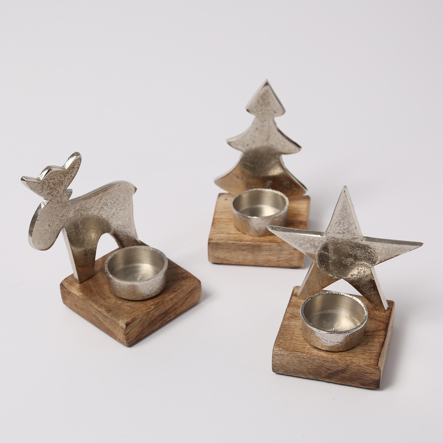 Teelichthalter - Stern, Baum und Hirsch - Aluminium - Mangoholzsockel - natur, silber - 3er Set