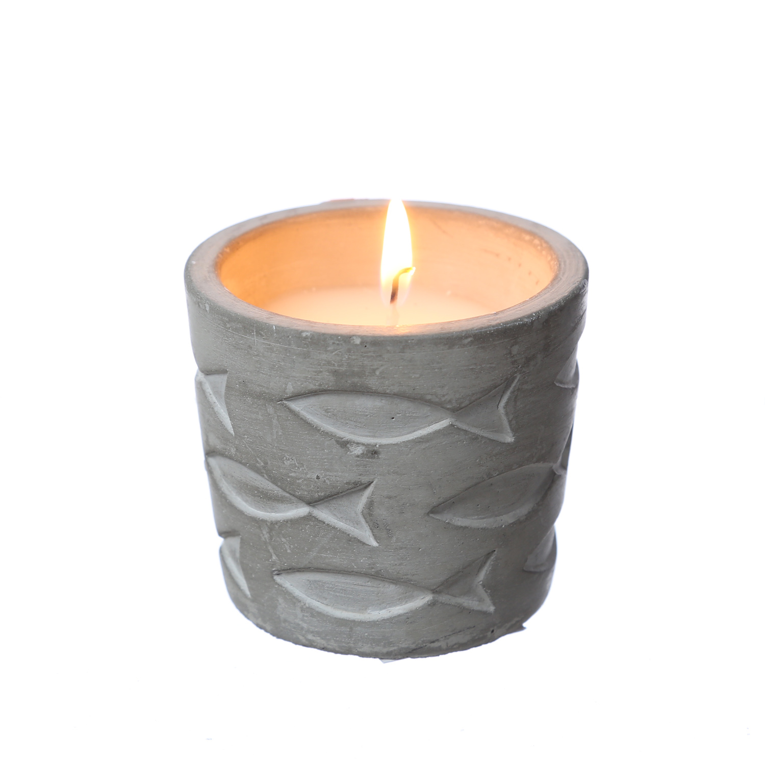 Duftkerze CITRONELLA - Echtwachs in Betontopf - Fischmuster - H: 7cm - gegen Stechmücken - weiß