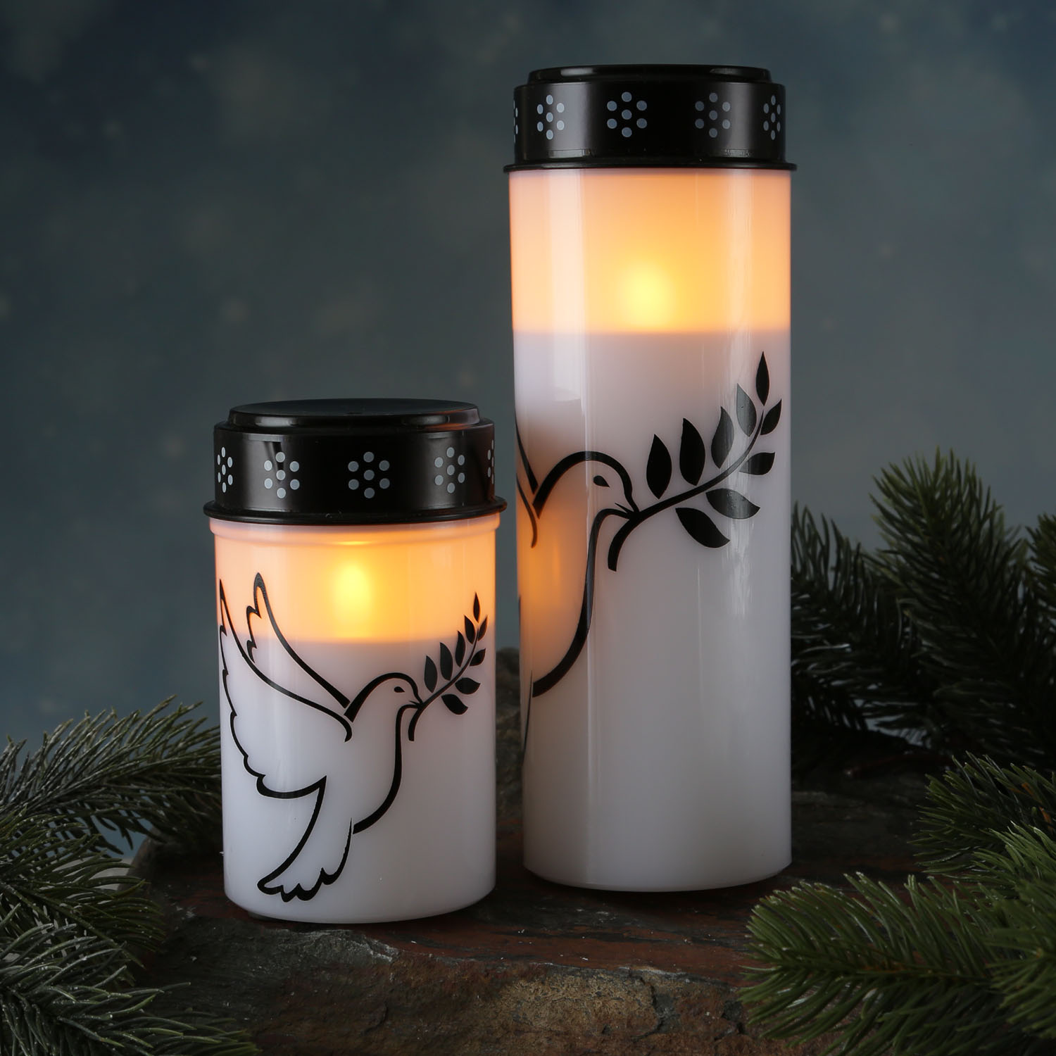 LED Grablichter/Grabkerzen Taube - bis 2500 Stunden - H: 21cm/12cm, D: 7cm - Timer - 2er Set LED Grablichter/Grabkerzen Taube - bis 2500 Stunden - H: 21cm/12cm, D: 7cm - Timer - 2er Set