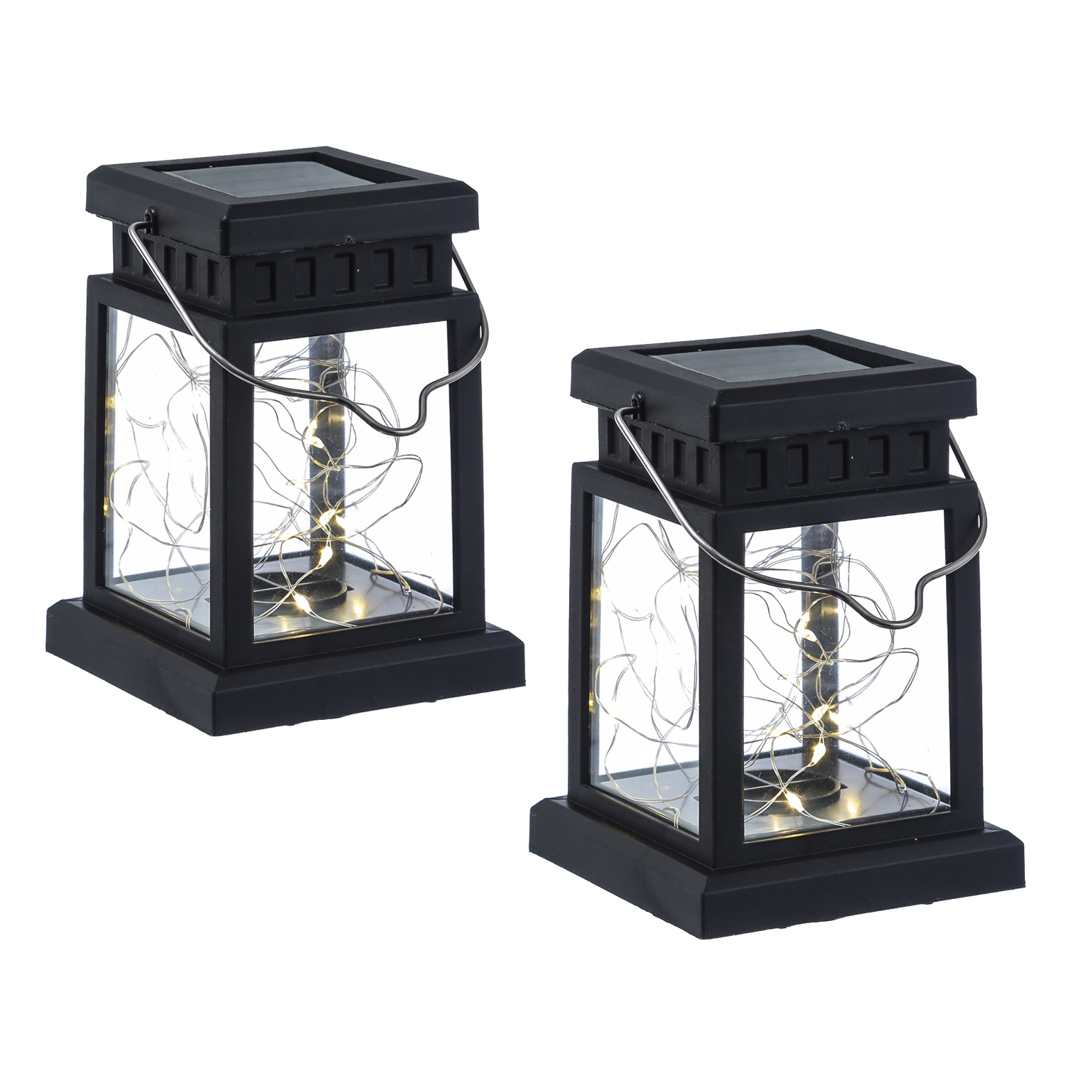 LED Solar Mini Laternen - 20 warmweiße LED - Dämmerungssensor - H 125cm - schwarz - 2er Set