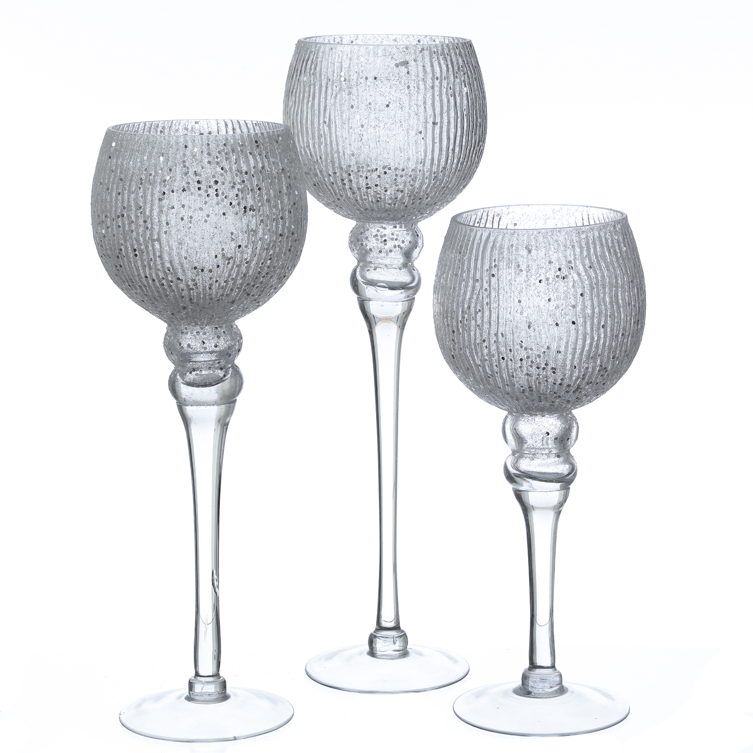 Kerzenhalter Kelch - Windlicht - Glas - H: 30,5cm/34,5cm/40cm - glitzernd - weiß - 3er Set