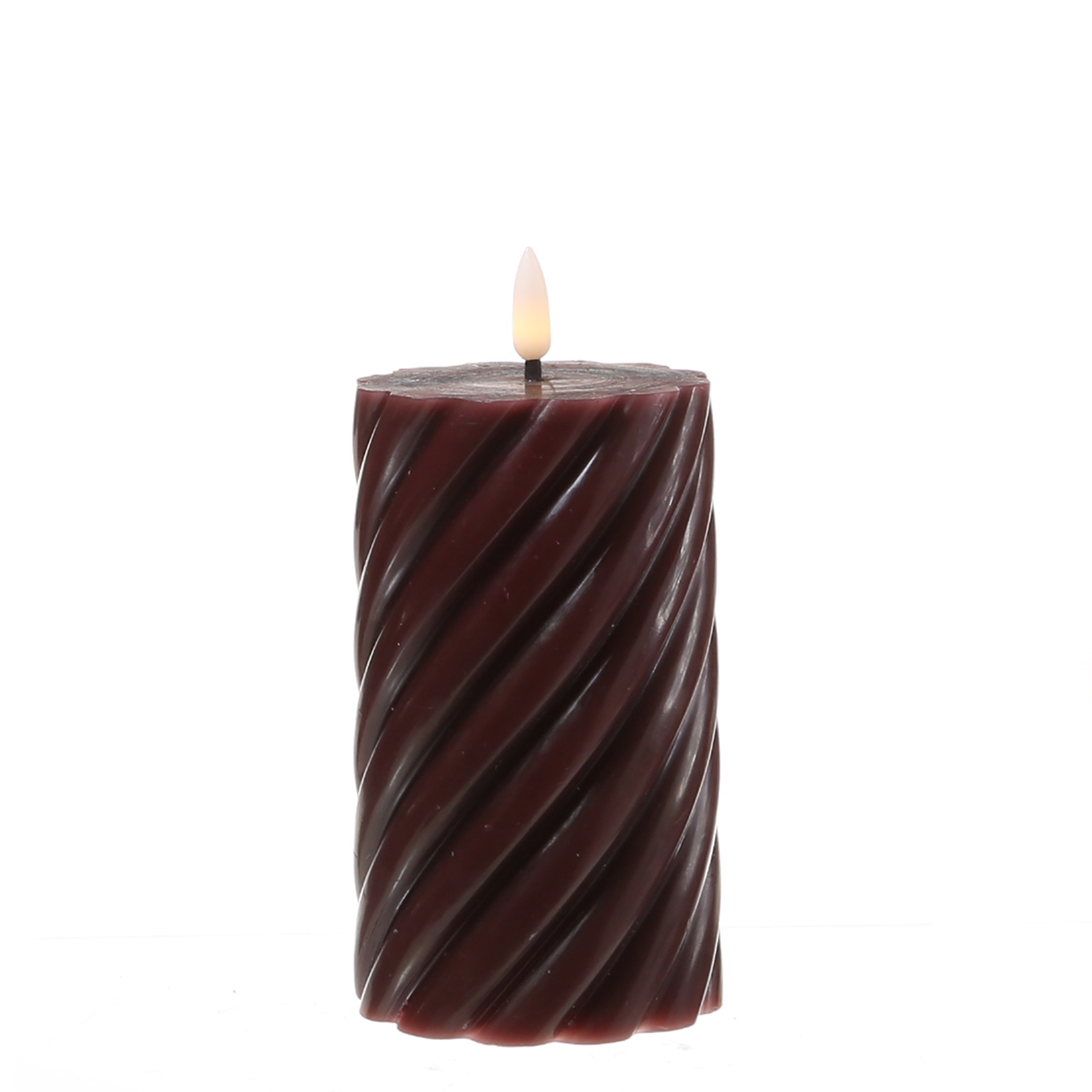 LED Stumpenkerze SWIRL - Echtwachs - warmweiße 3D Flamme - H: 15cm - Batterie - Timer - weinrot