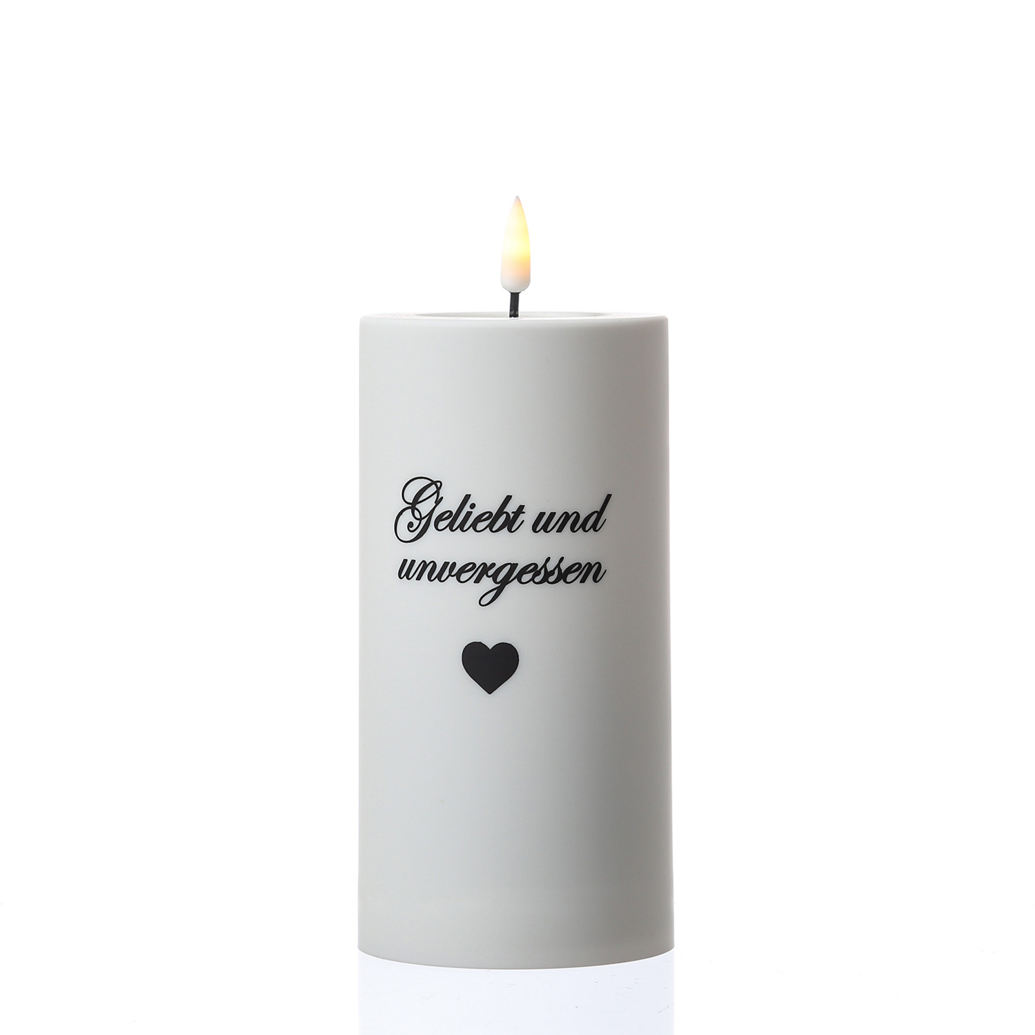 LED Grabkerze MIA - mit Schrift - Grablicht - 3D Flamme - H: 12,5cm - D: 7,5cm - weiß - für Außen LED Grabkerze MIA - mit Schrift - Grablicht - 3D Flamme - H: 12,5cm - D: 7,5cm - weiß - für Außen