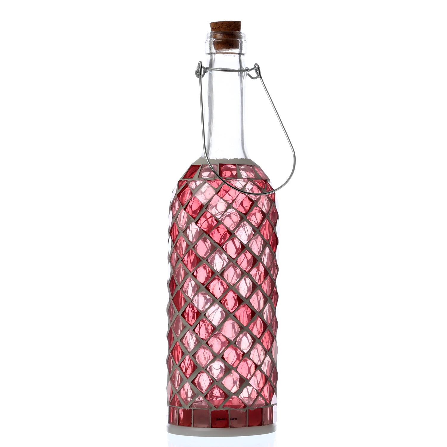 LED Flasche mit Mosaiksteinen - 10 warmweiße LED an Drahtlichterkette - H: 29,5cm - rosa