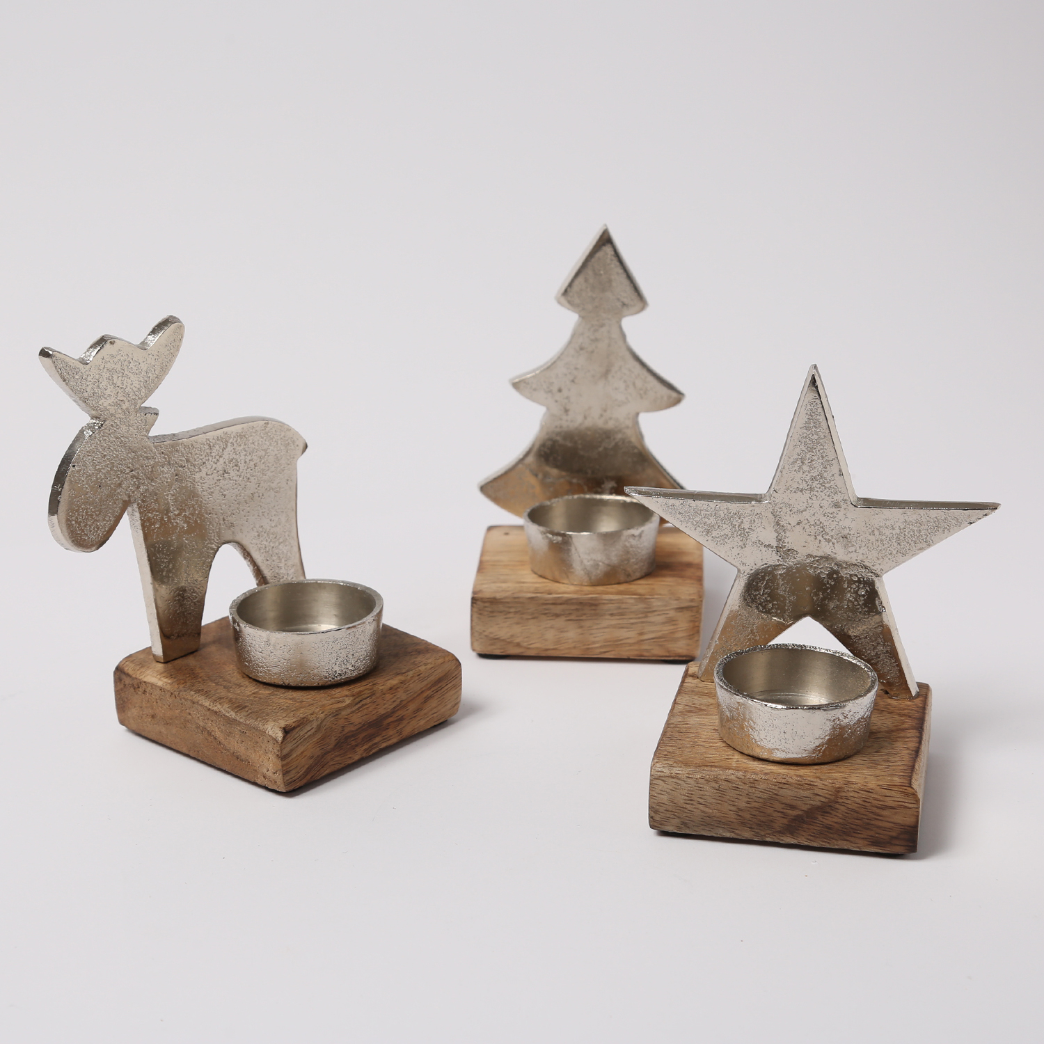 Teelichthalter - Stern, Baum und Hirsch - Aluminium - Mangoholzsockel - natur, silber - 3er Set