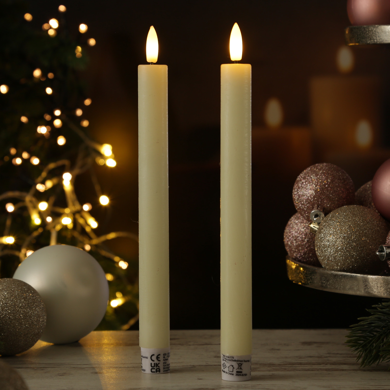 LED Stabkerzen LINA - Rustik-Optik - Echtwachs - 3D Flamme - H: 24cm - Timer - creme