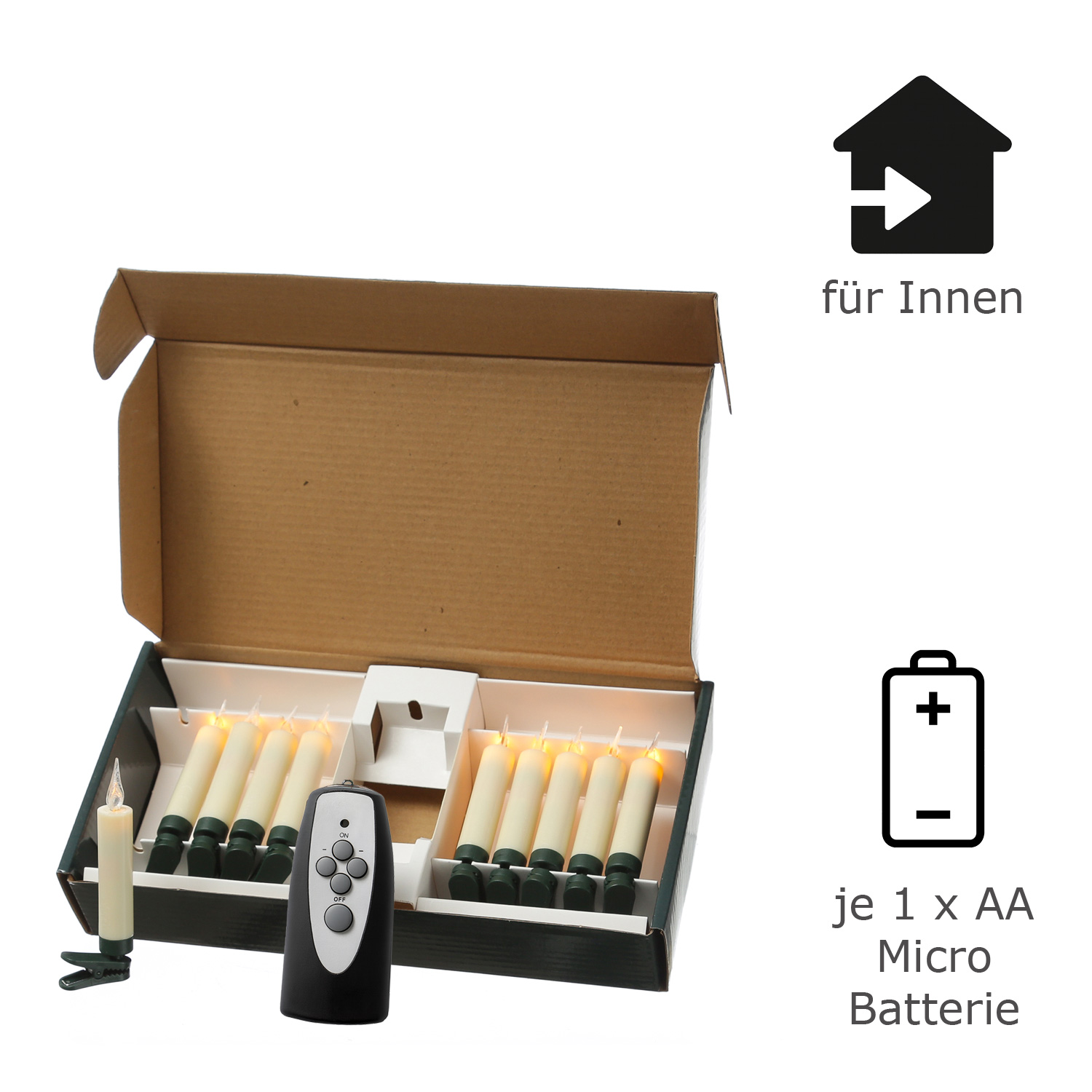 LED Baumkerzen mit Clip - 10 bernstein LED - kabellos - Fernbedienung - Timer - für Innen - 10er Set