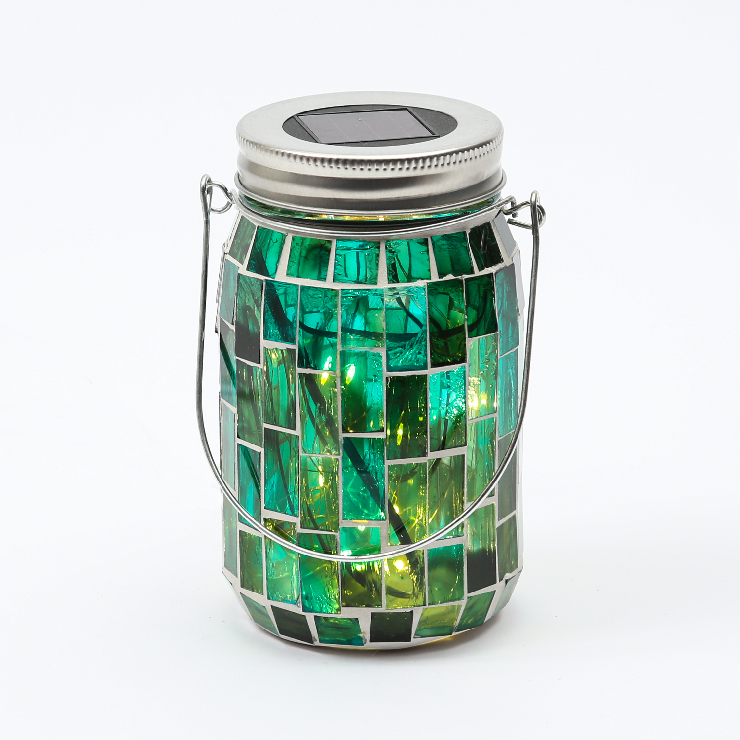 LED Solar Glas - Einmachglas mit Mosaiksteinchen - mit Henkel - H: 13,5cm - Lichtsensor - grün LED Solar Glas - Einmachglas mit Mosaiksteinchen - mit Henkel - H: 13,5cm - Lichtsensor - grün