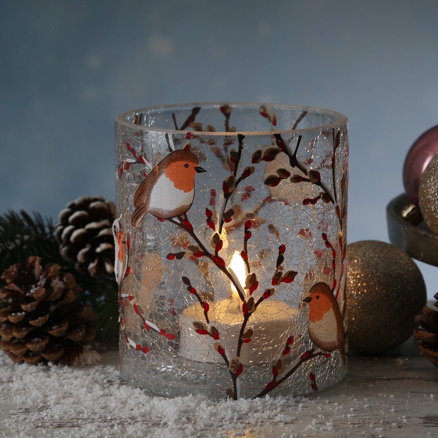 Teelichthalter ROTKEHLCHEN - Windlicht - Bruchglasoptik - Glas- H: 13cm - D: 11,5cm Teelichthalter ROTKEHLCHEN - Windlicht - Bruchglasoptik - Glas- H: 13cm - D: 11,5cm