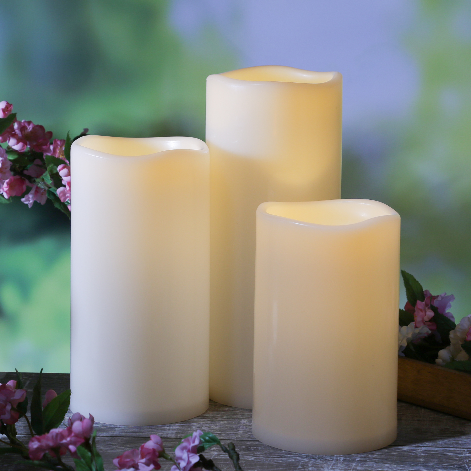LED Kerzenset XXL - Kunststoff - 3 Größen - D: 12,5cm - Timer - für Außen - creme - 3er Set