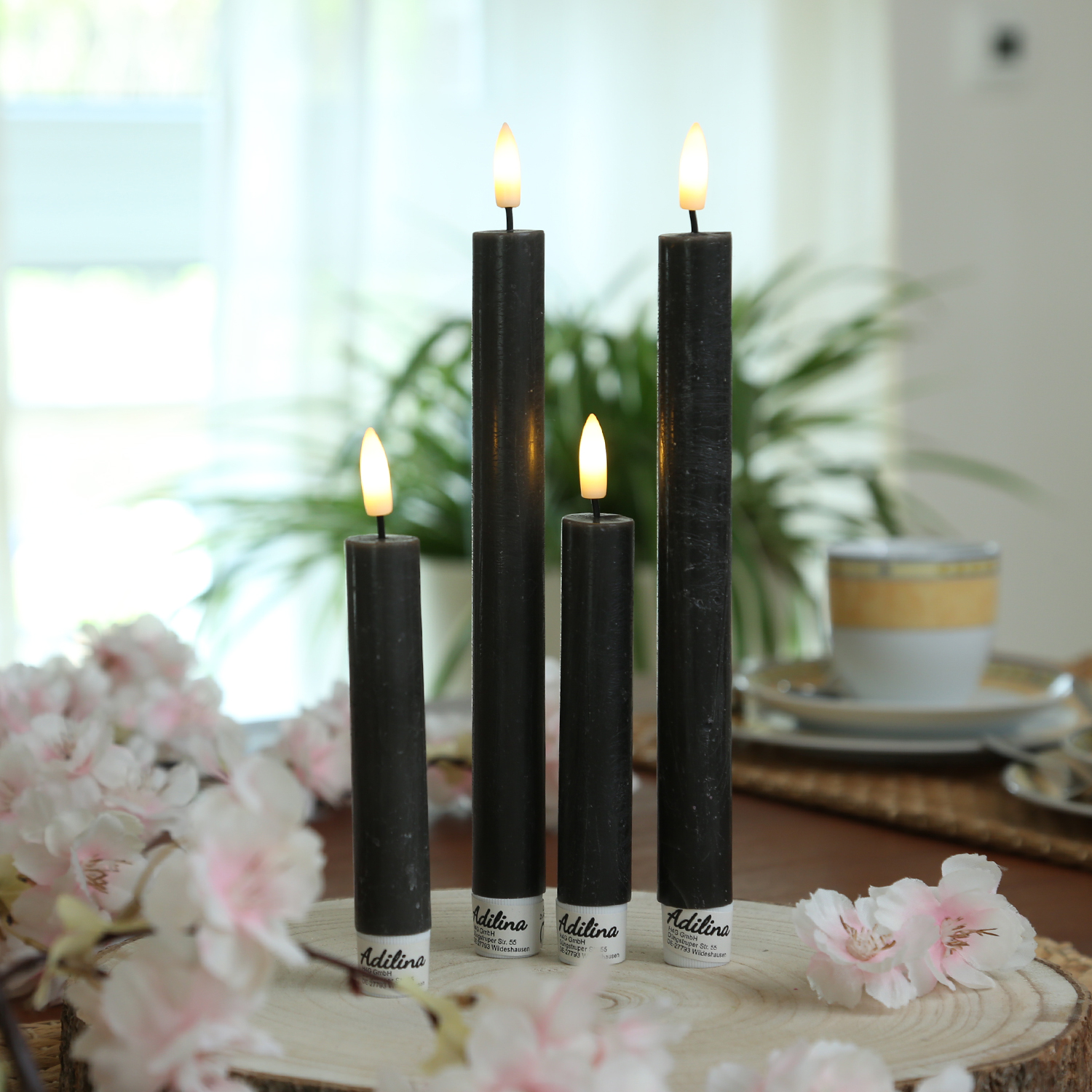 LED Stabkerzen LINA - Rustik-Optik - Echtwachs - 3D Flamme - H: 24cm - Timer - schwarz - 2er Set