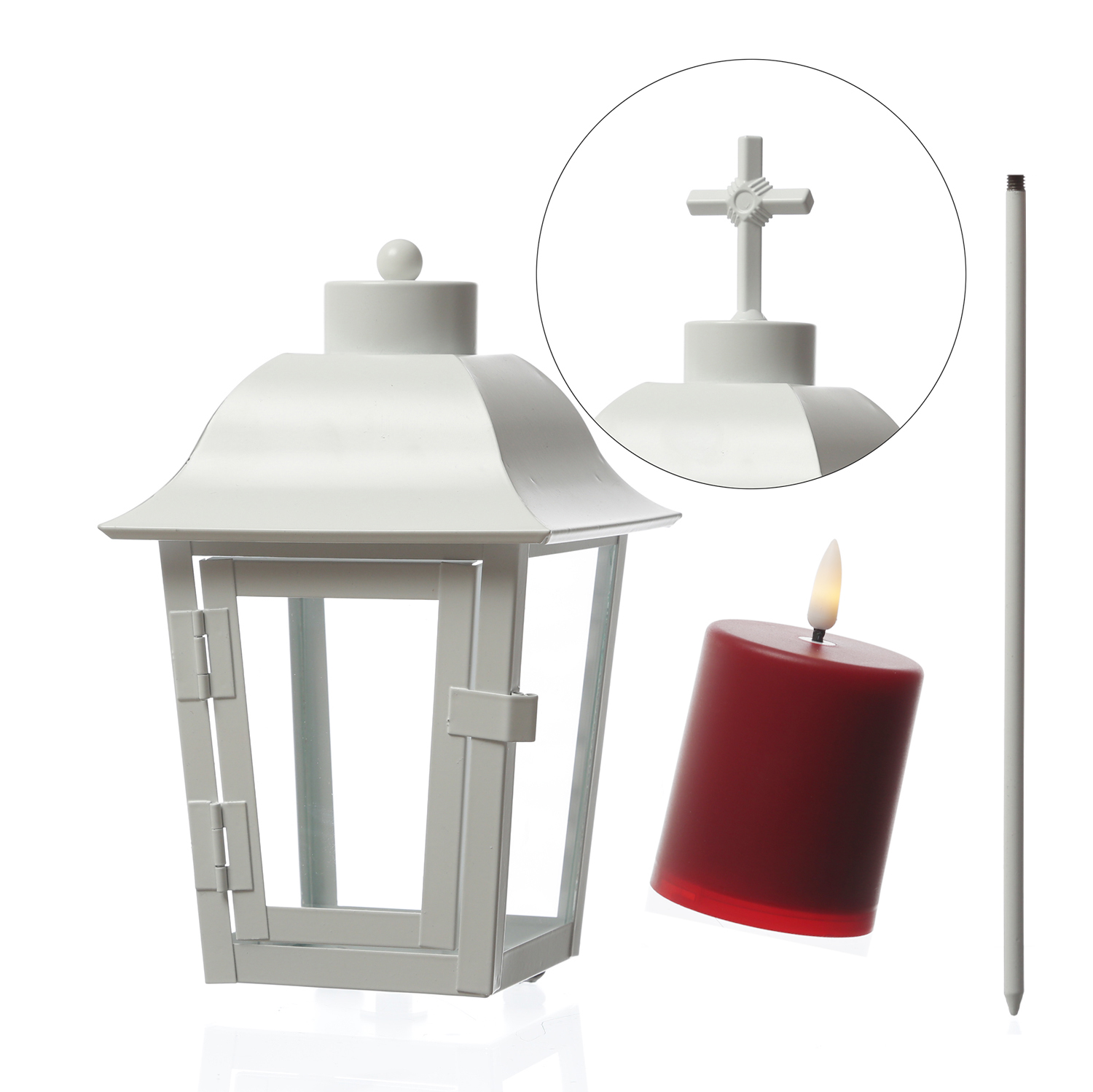 Grablaterne mit Mini LED Kerze - Grablampe mit 2 wechselbaren Spitzen/Erdspieß - H: 51cm - weiß