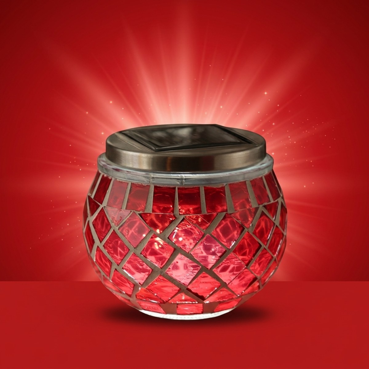 LED Solar Windlicht - Mosaik Solarglas - kaltweiße LED - Lichtsensor - H: 9cm - für Außen - rot