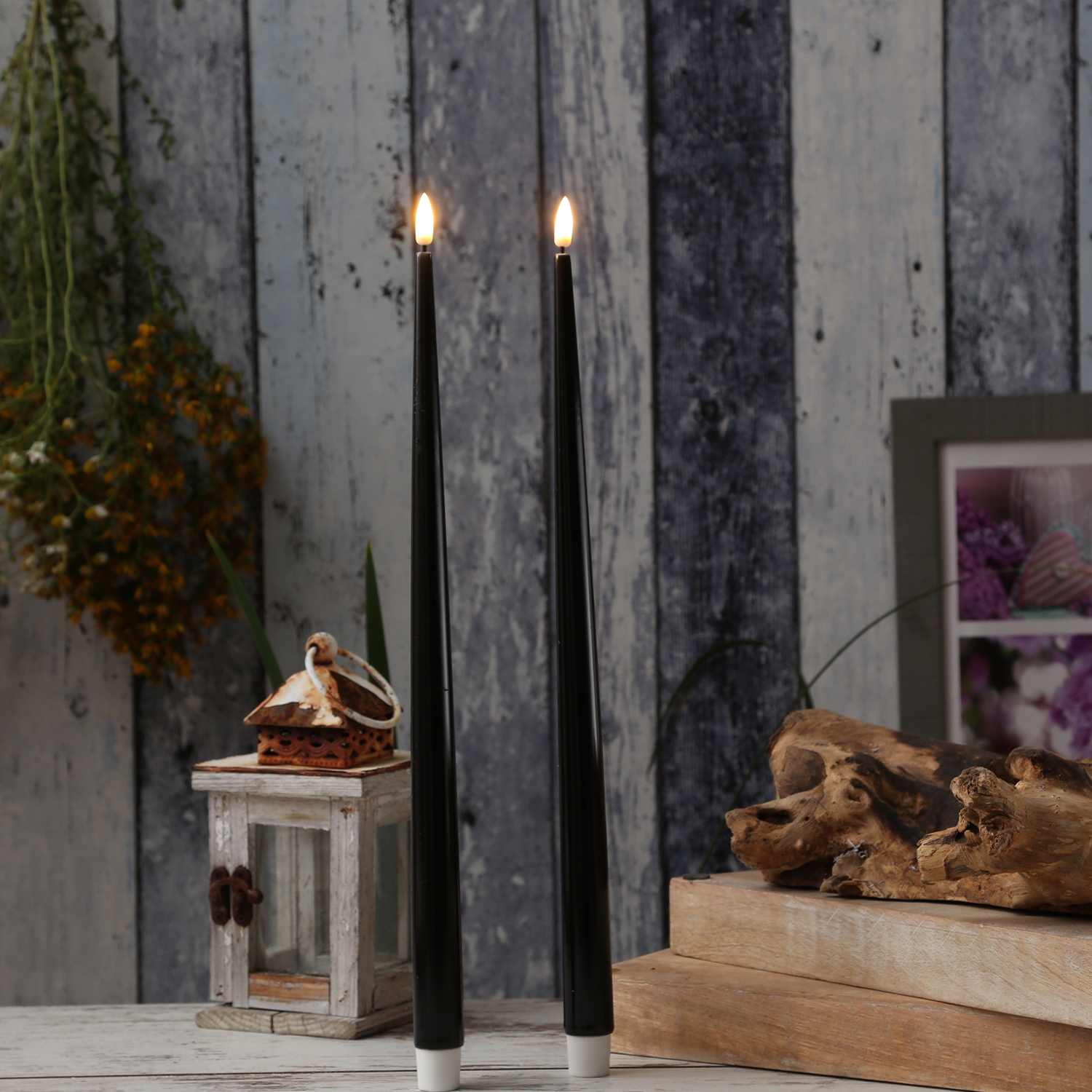 LED Stabkerzen Flamme - Echtwachs - flackernde warmweiße LED - H: 25cm - Timer - schwarz