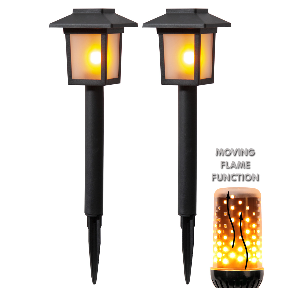 LED Solar Wegleuchte FLAME - gelbe LED mit bewegtem Feuereffekt - inkl. Akku - schwarz - 2er Set