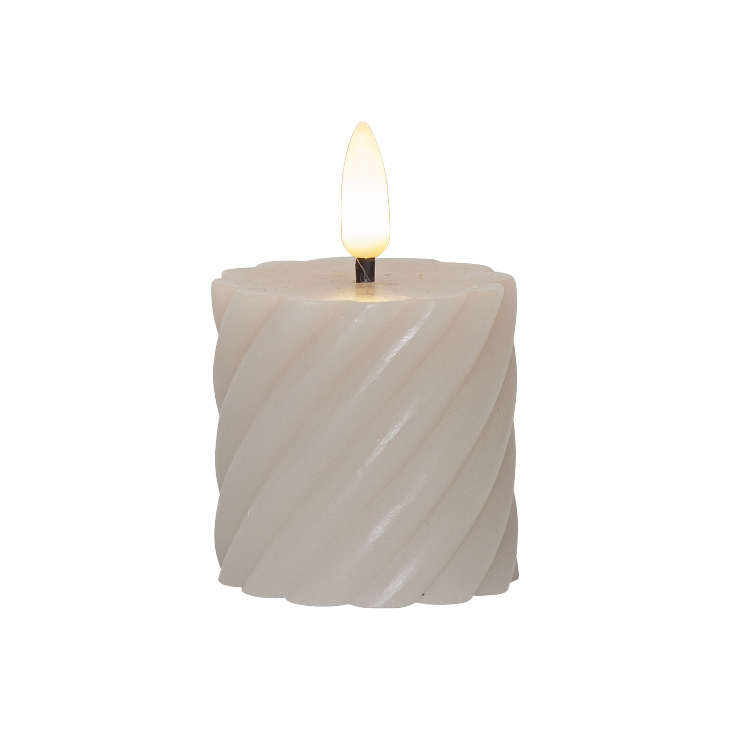 LED Stumpenkerze SWIRL - Echtwachs - warmweiße3D Flamme - 7,5cm - Batterie - Timer - beige - 2er Set