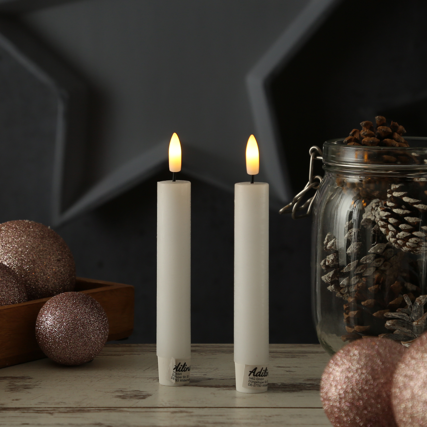 LED Stabkerzen LINA - Rustik-Optik - Echtwachs - 3D Flamme - H: 16cm - Timer - weiß - 2er Set