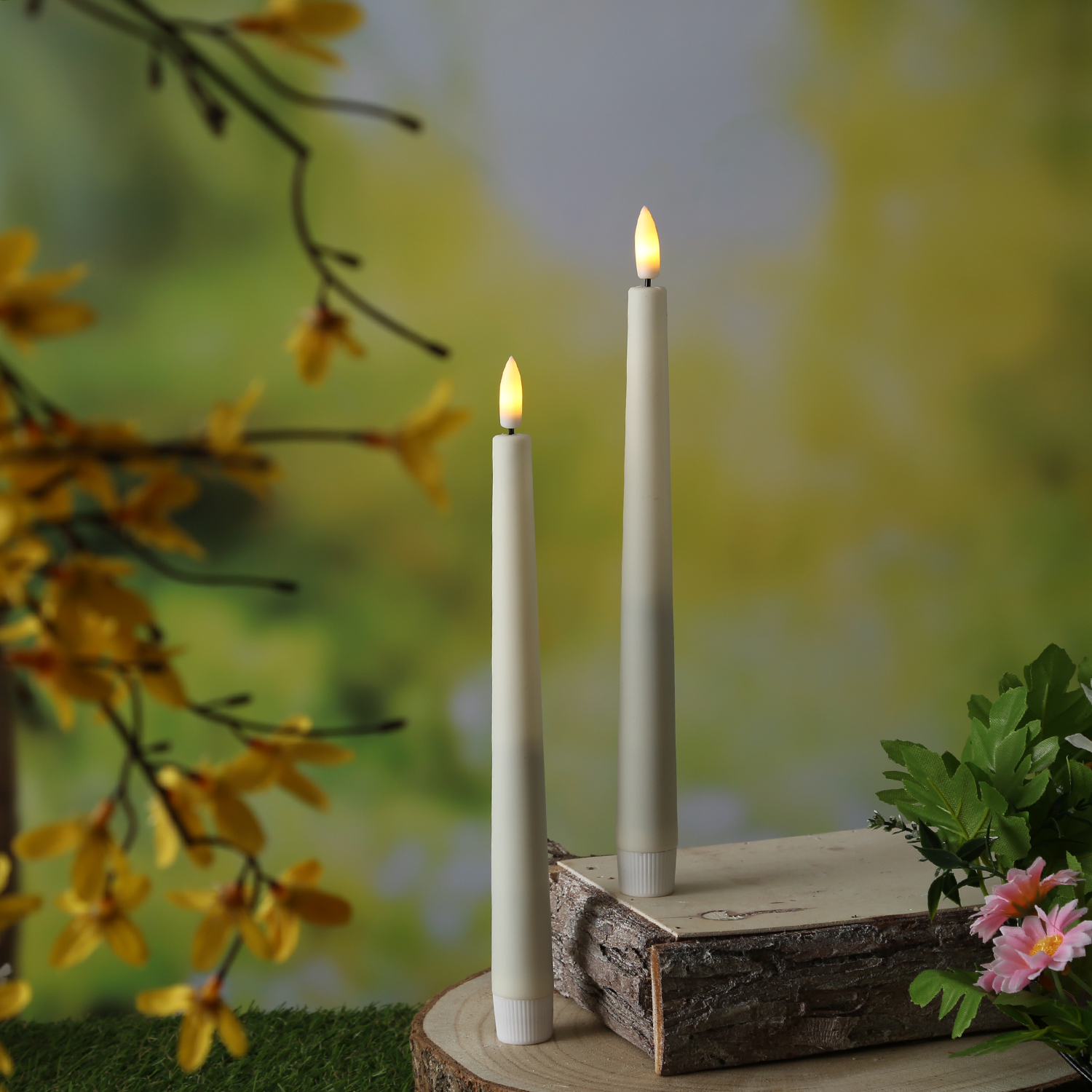 LED Stabkerzen - LED Tafelkerzen aus Kunststoff - H: 25,5cm - Timer - für Innen/Außen - weiß