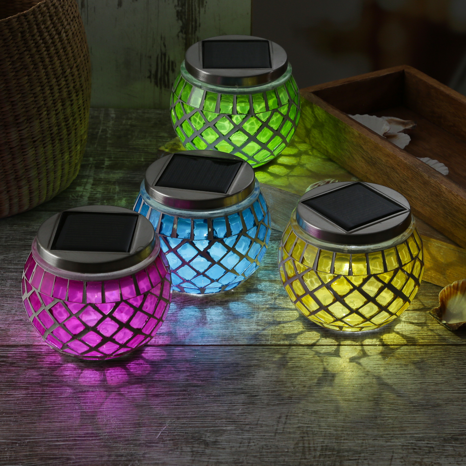 LED Solar Windlicht - Mosaik Solarglas - kaltweiße LED - Lichtsensor - H: 9cm - für Außen - gelb LED Solar Windlicht - Mosaik Solarglas - kaltweiße LED - Lichtsensor - H: 9cm - für Außen - gelb