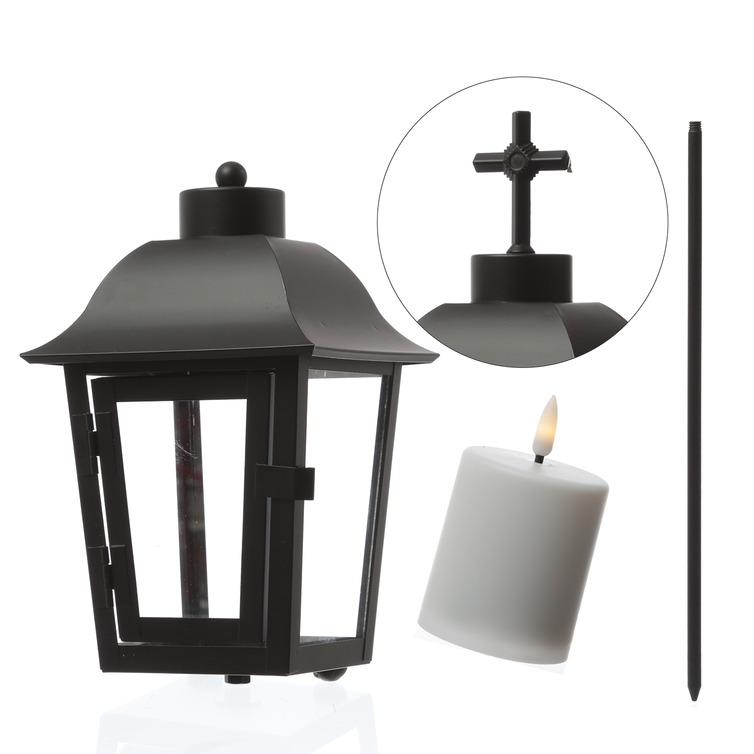 Grablaterne mit Mini LED Kerze - Grablampe mit 2 wechselbaren Spitzen/Erdspieß - H: 51cm - schwarz