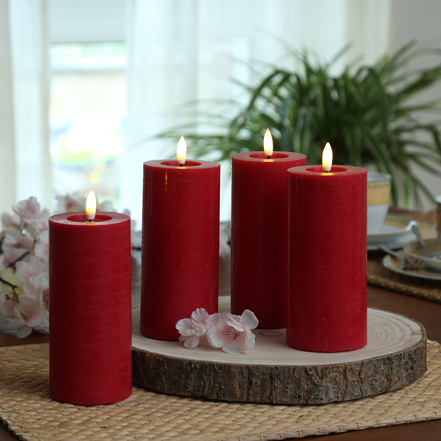 LED Kerzenset LINA - Rustik-Optik - Echtwachs - H: 15cm - D: 7cm - Timer - rot - 4er Set