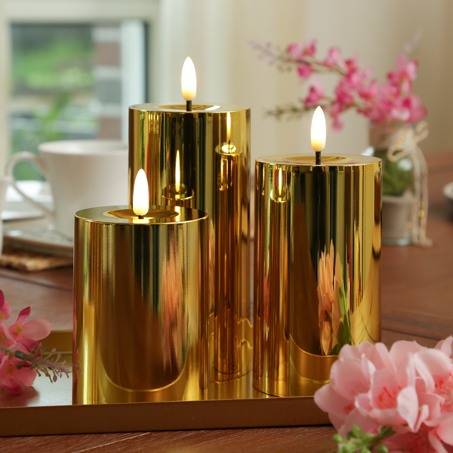 LED Kerzenset - Kunststoff - Timer - 3 Größen - D: 7,5cm - gold glänzend - 3er Set