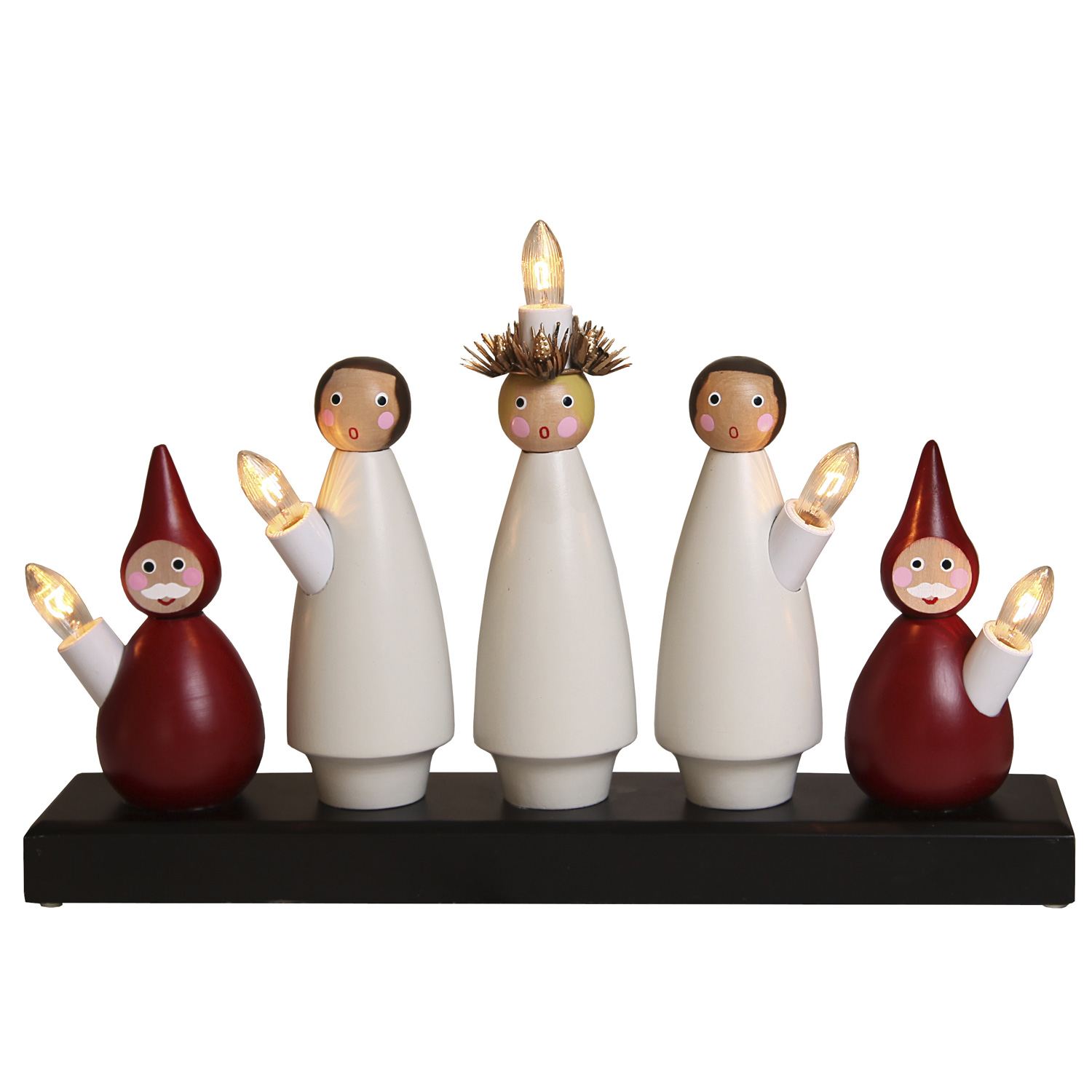 Fensterleuchter "Lucia Chor" - 5flammig - warmweiße Glühlampen - H: 22cm, L. 33cm - Weiß/Rot