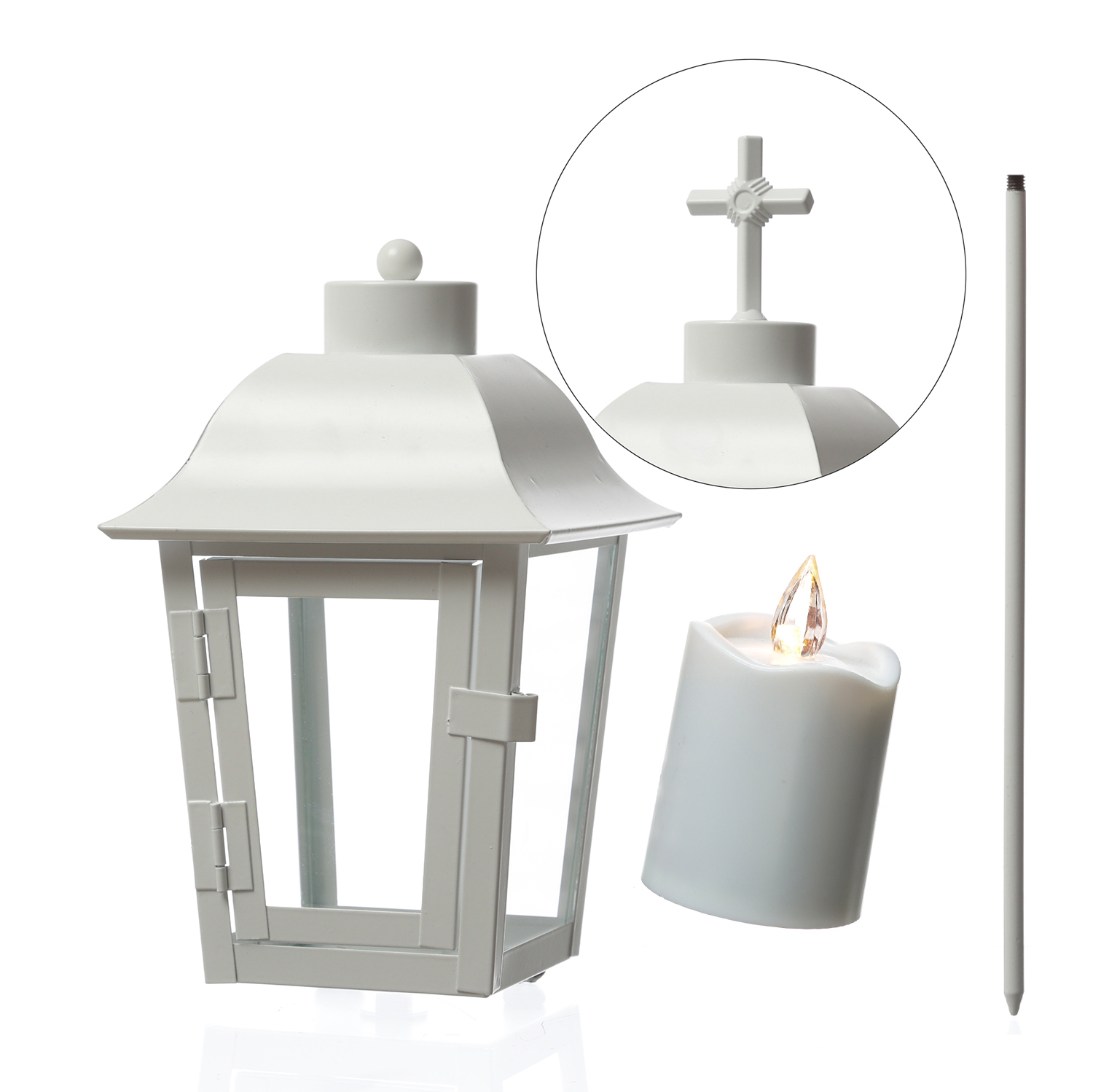 Grablaterne mit weißer LED Kerze - Grablampe mit 2 wechselbaren Spitzen/Erdspieß - H: 51cm - weiß