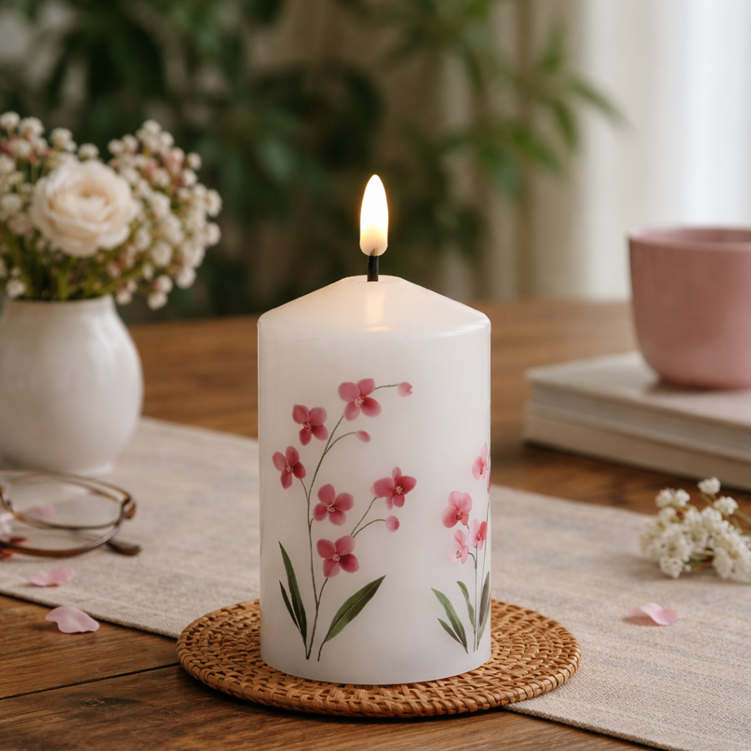 LED Kerze mit Orchideen Motiv - Echtwachskerze mit Blumen Design - H: 14,5cm - D: 7cm - Timer