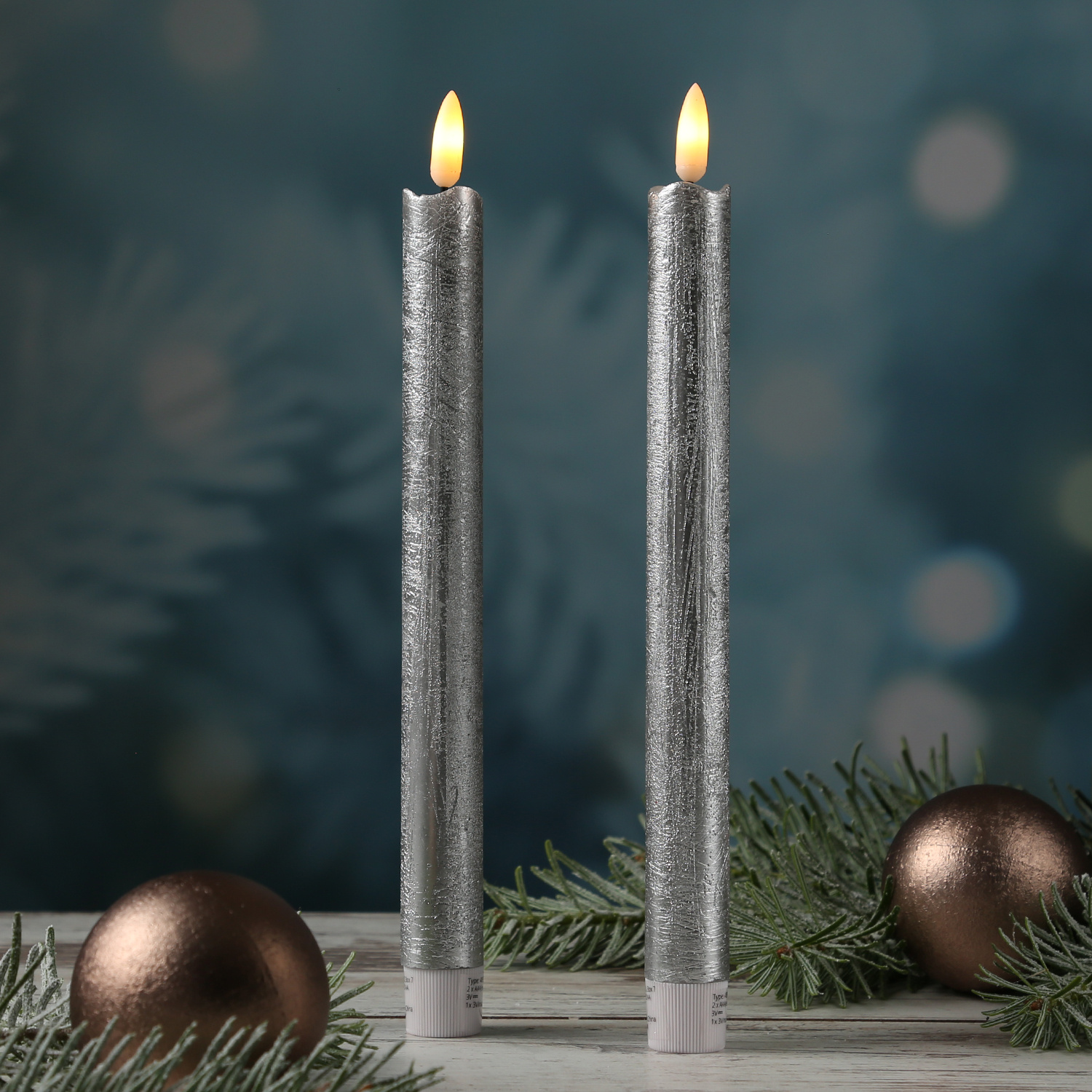 LED Stabkerzen Flamme - Echtwachs - flackernde warmweiße LED - H: 25cm - Timer - silber - 2er Set