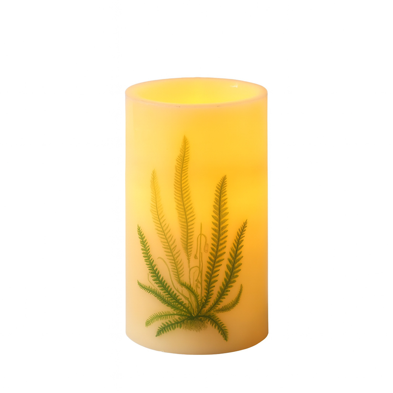 XXL LED Kerze mit Farndruck - Echtwachs - flackernde LED - H: 20cm - D: 12cm - weiß/grün