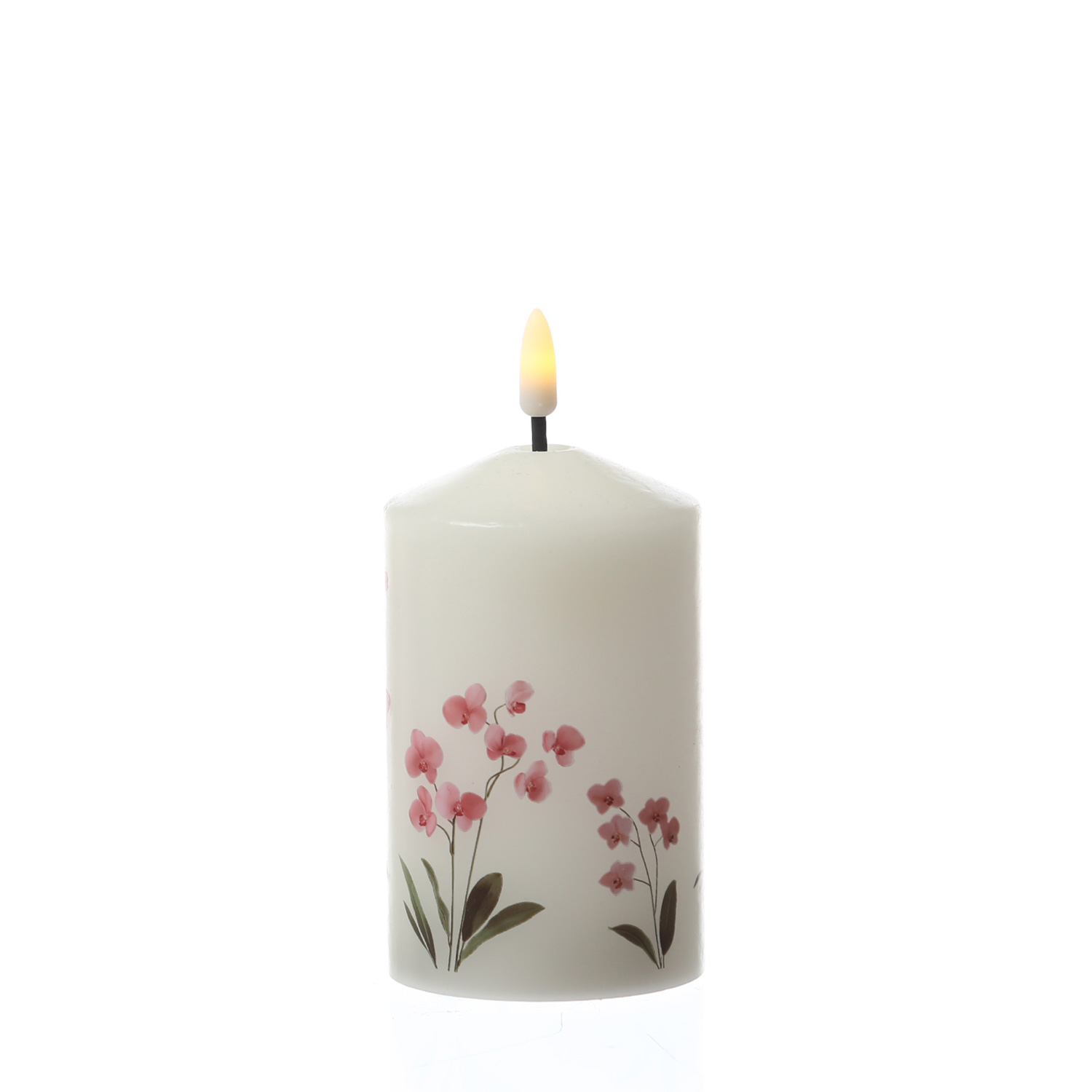 LED Kerze mit Orchideen Motiv - Echtwachskerze mit Blumen Design - H: 14,5cm - D: 7cm - Timer
