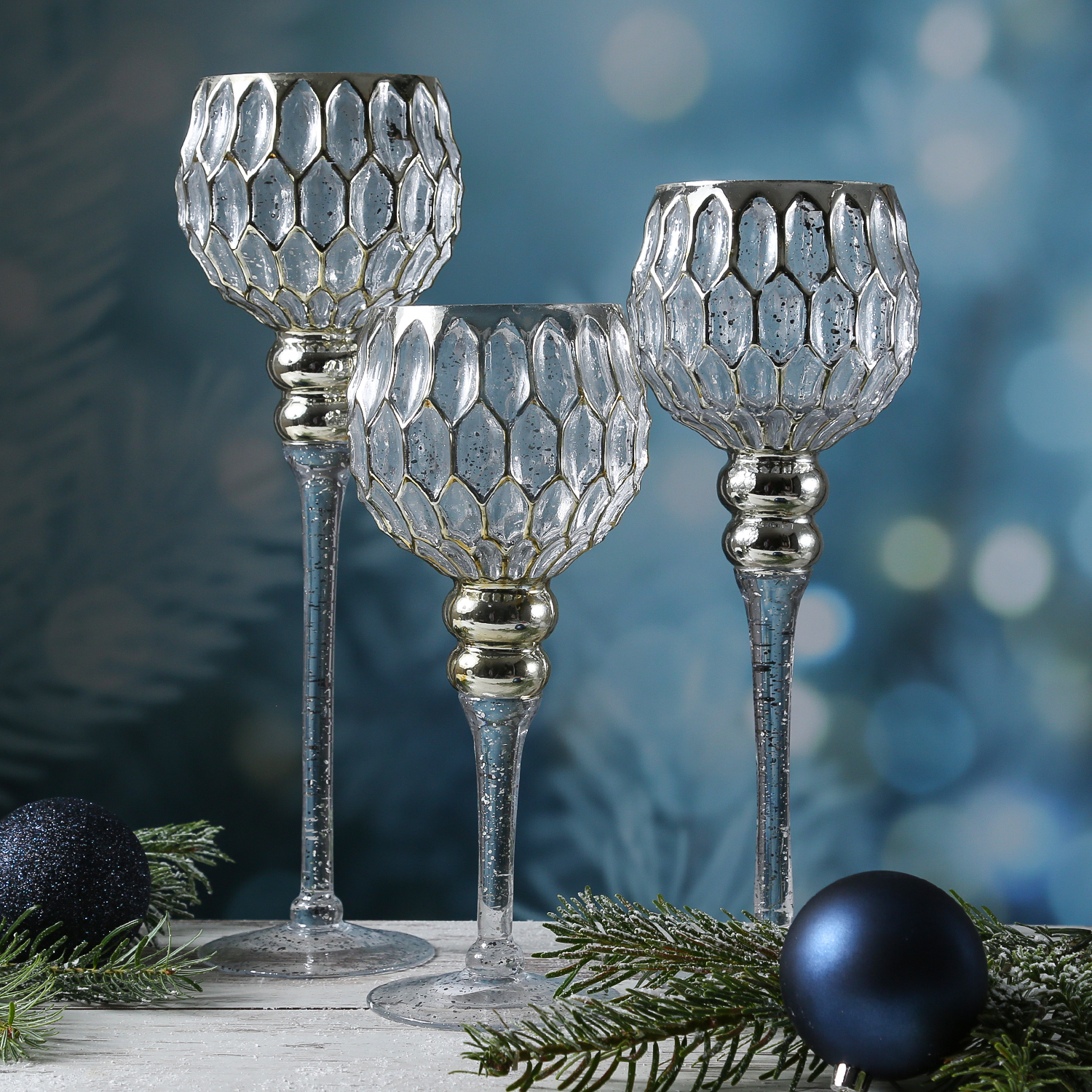 Kerzenhalter Kelch CORDOBA - Glas - H: 30,5cm, 34,5cm, 40cm - gold - 3er Set