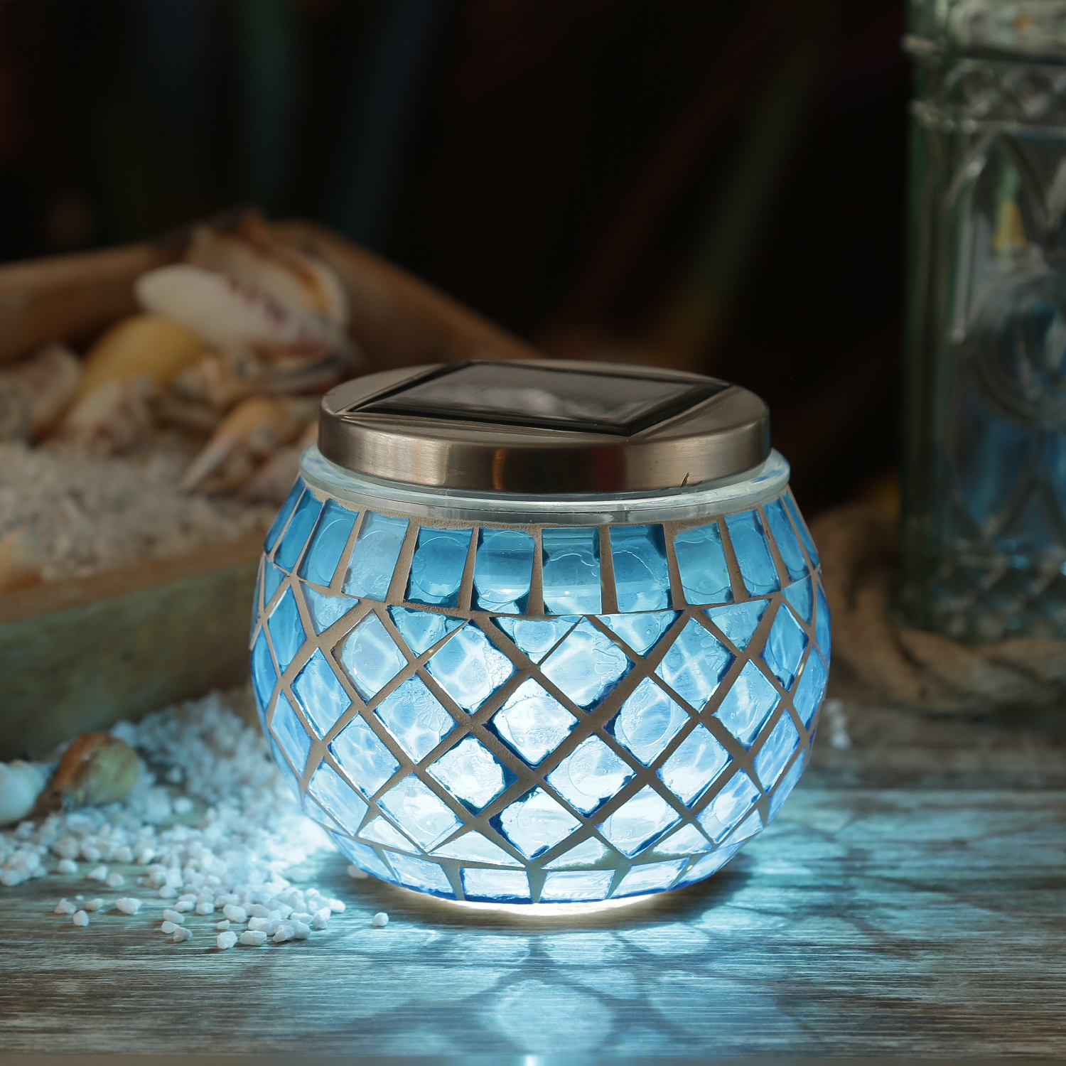 LED Solar Windlicht - Mosaik Solarglas - kaltweiße LED - Lichtsensor - H: 9cm - für Außen - blau