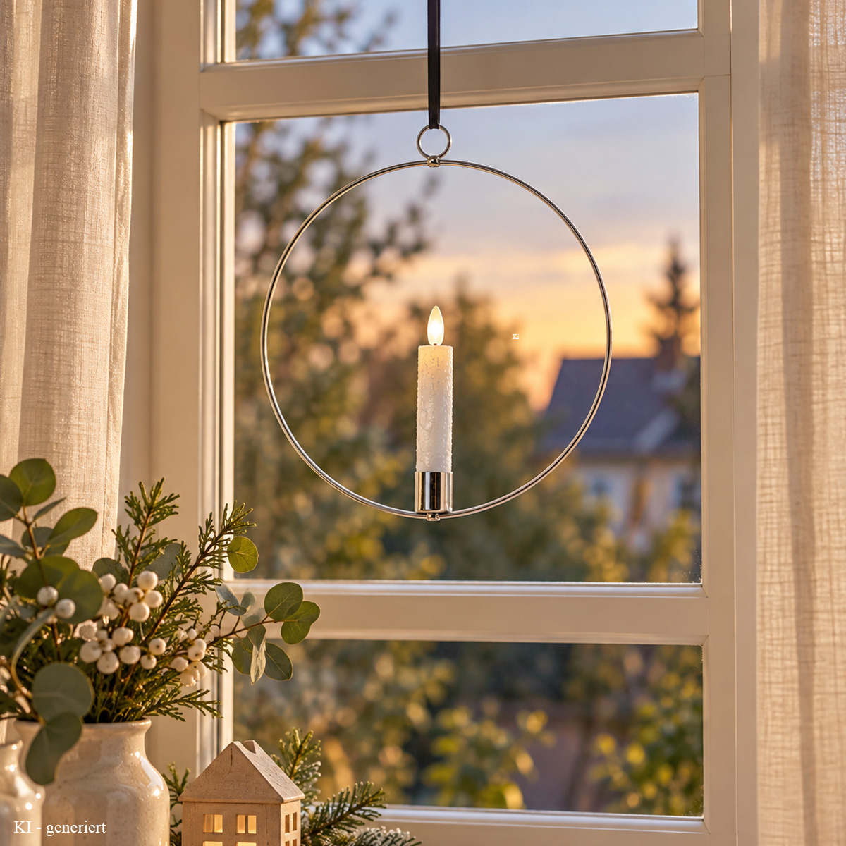 Dekoring mit LED Kerze - Fensterdeko zum Hängen - D: 28,5cm - Timer - Batterie - silber