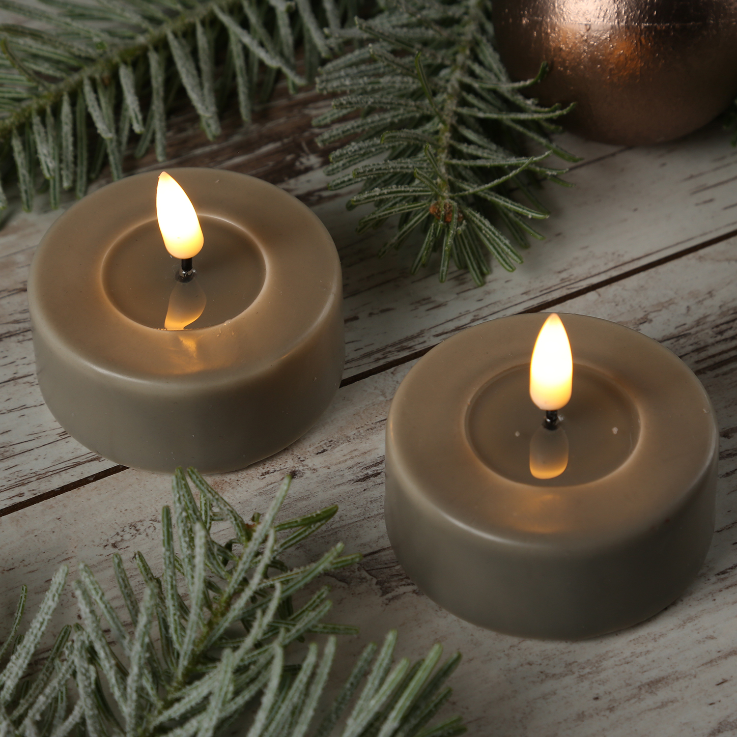 LED Teelichter MIA - Kunststoff - realistische 3D Flamme - D: 6,1cm - sand/taupe - 2 Stk. LED Teelichter MIA - Kunststoff - realistische 3D Flamme - D: 6,1cm - sand/taupe - 2 Stk.