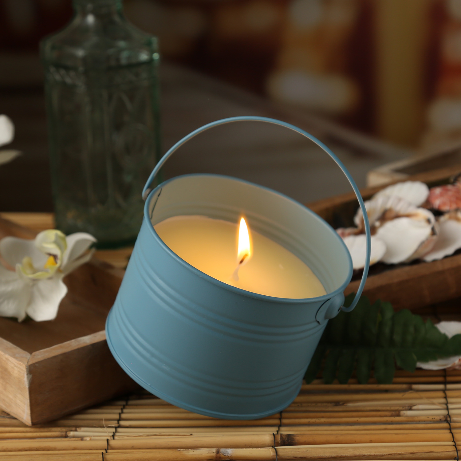 Duftkerze CITRONELLA - Echtwachs im Metalleimer - H: 8cm - gegen Stechmücken - hellblau