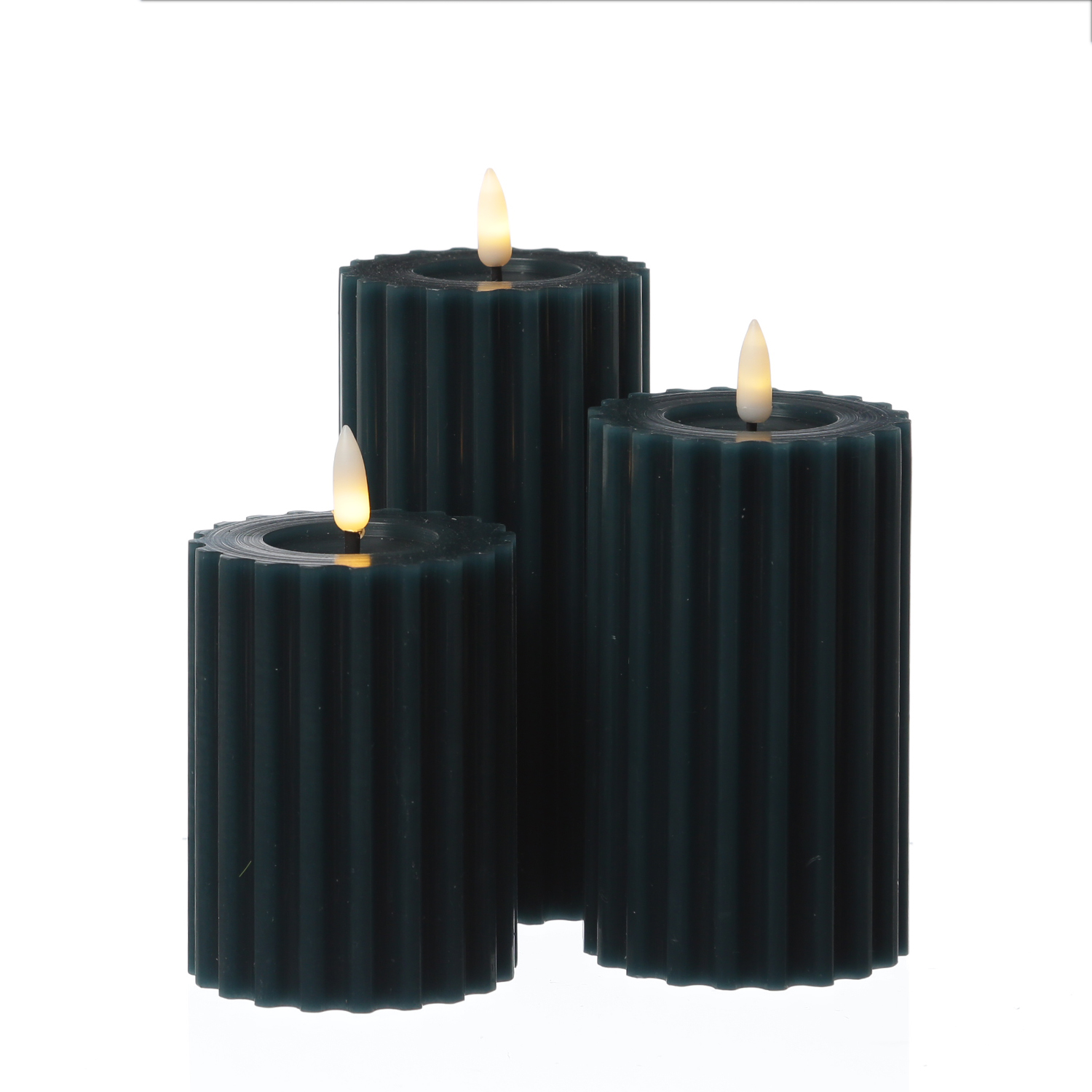 LED Kerze LIV - gerillt - Echtwachs - warmweiße 3D Flamme - H: 17,5cm - D: 7,5cm - Timer - blau