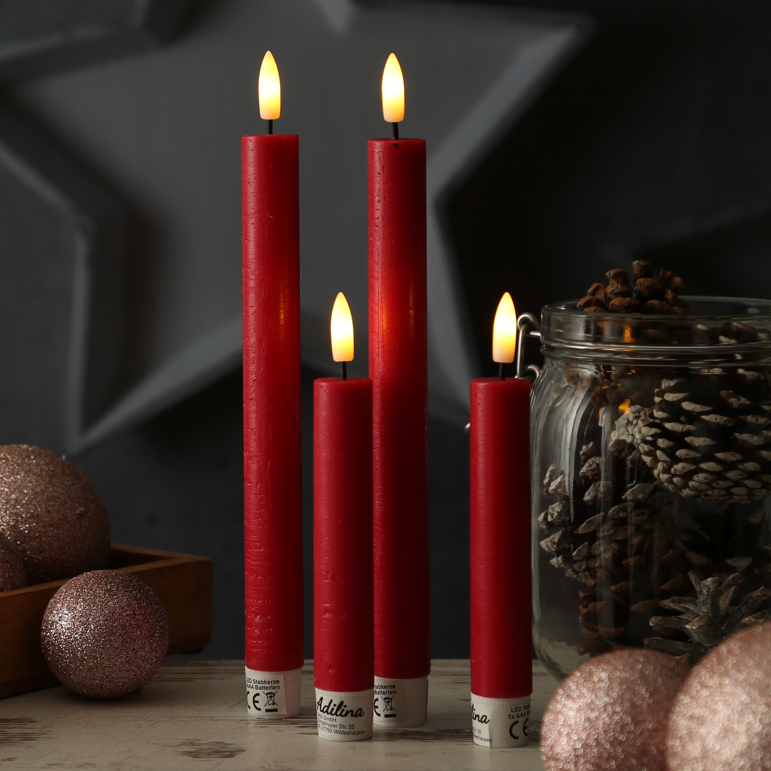 LED Stabkerzen LINA - Rustik-Optik - Echtwachs - 3D Flamme - H: 16cm - Timer - rot - 2er Set