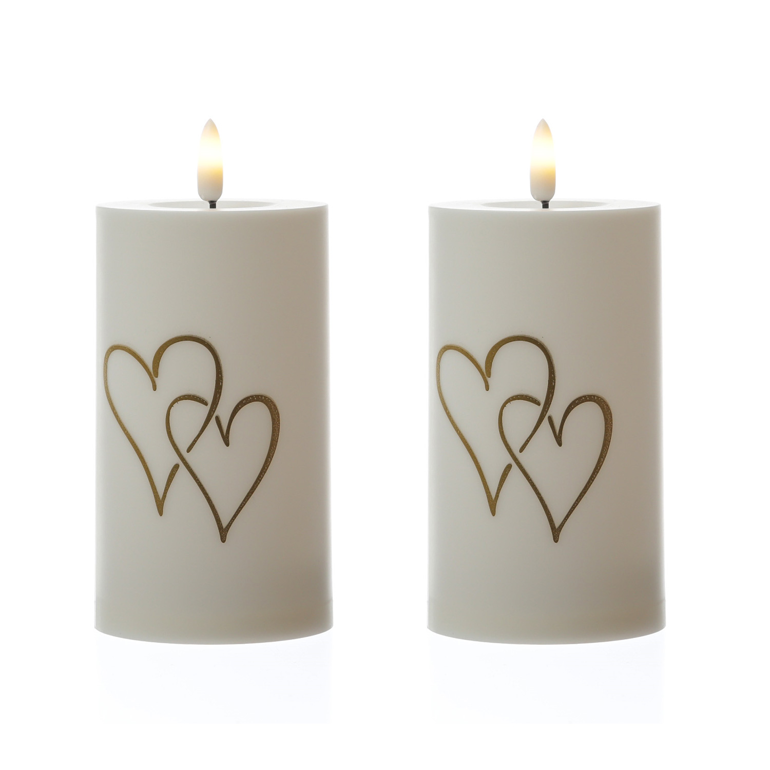 LED Kerzen goldene Herzen - Kunststoff - H: 15cm - D: 7cm - Timer/Sensor - Innen/Außen - 2er Set LED Kerzen goldene Herzen - Kunststoff - H: 15cm - D: 7cm - Timer/Sensor - Innen/Außen - 2er Set