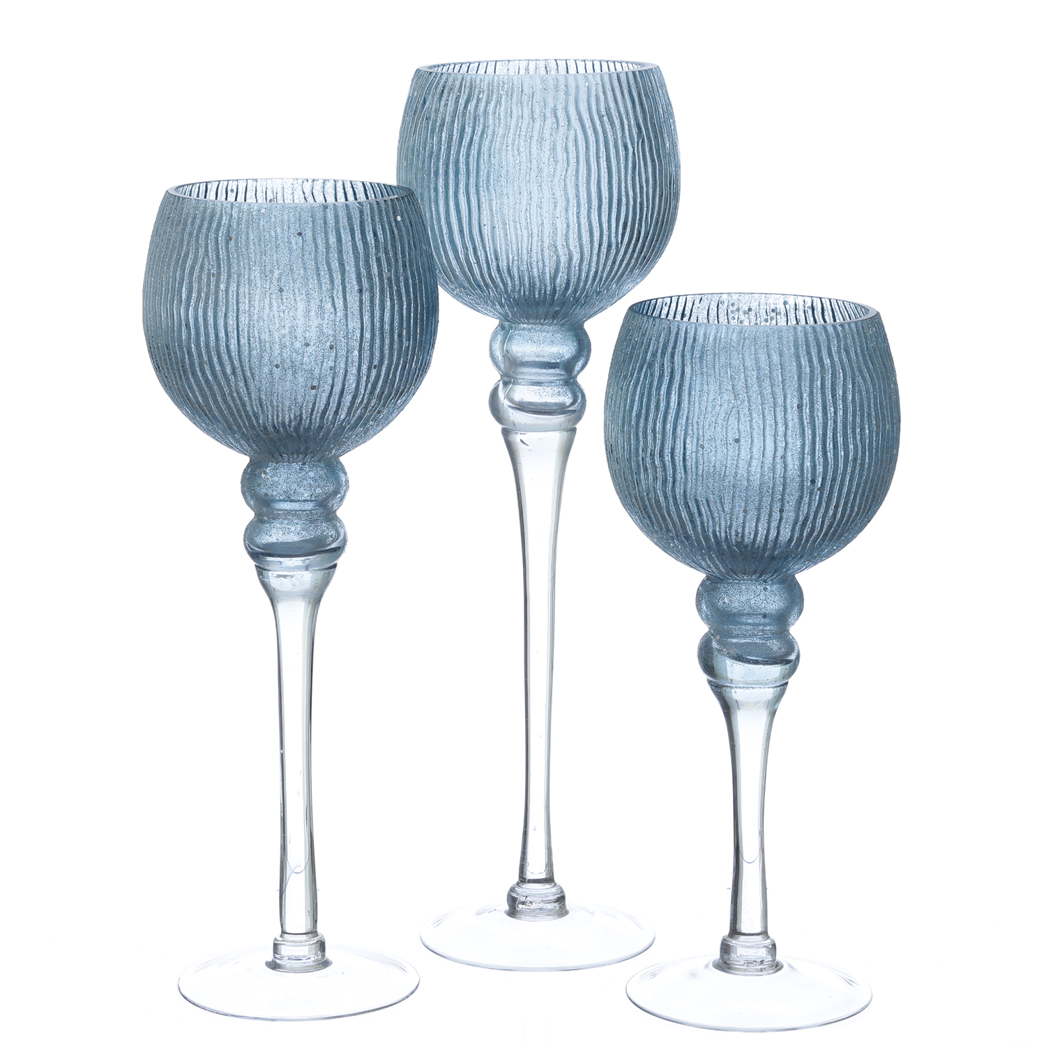 Kerzenhalter Kelch - Windlicht - Glas - H: 30,5cm/34,5cm/40cm - glitzernd - blau - 3er Set