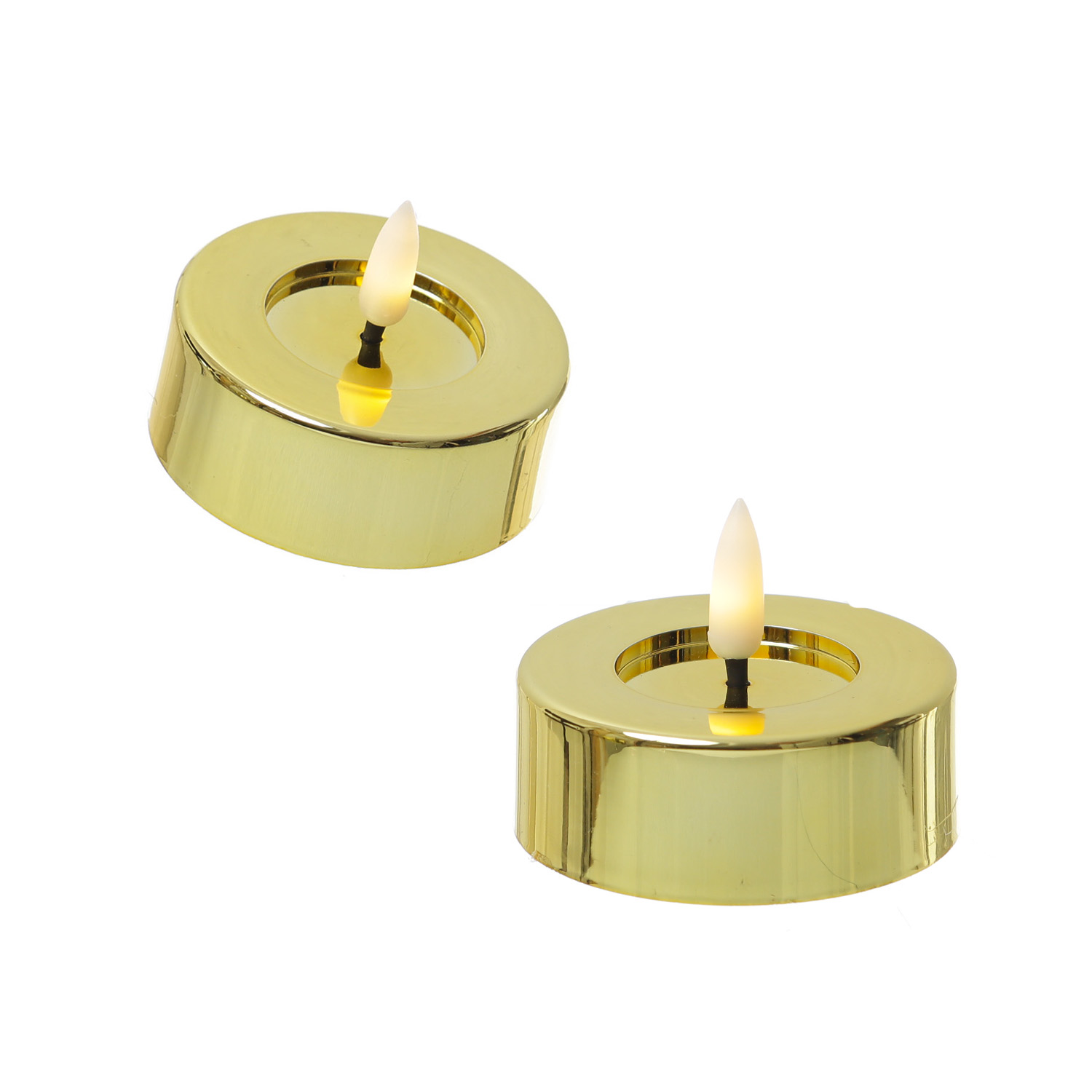 LED Maxi Teelichter - Kunststoff - D: 6,5cm - H: 5cm - Timer - gold glänzend - 2er Set