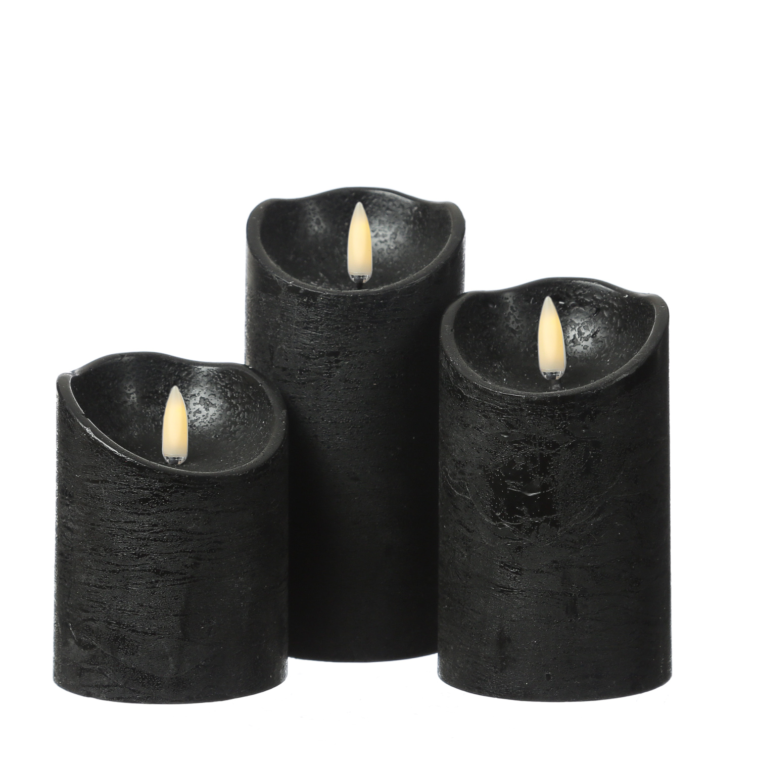 LED Stumpenkerzen RUSTIC - Echtwachs - warmweiße 3D Flamme - Batterie - Timer - schwarz - 3er Set